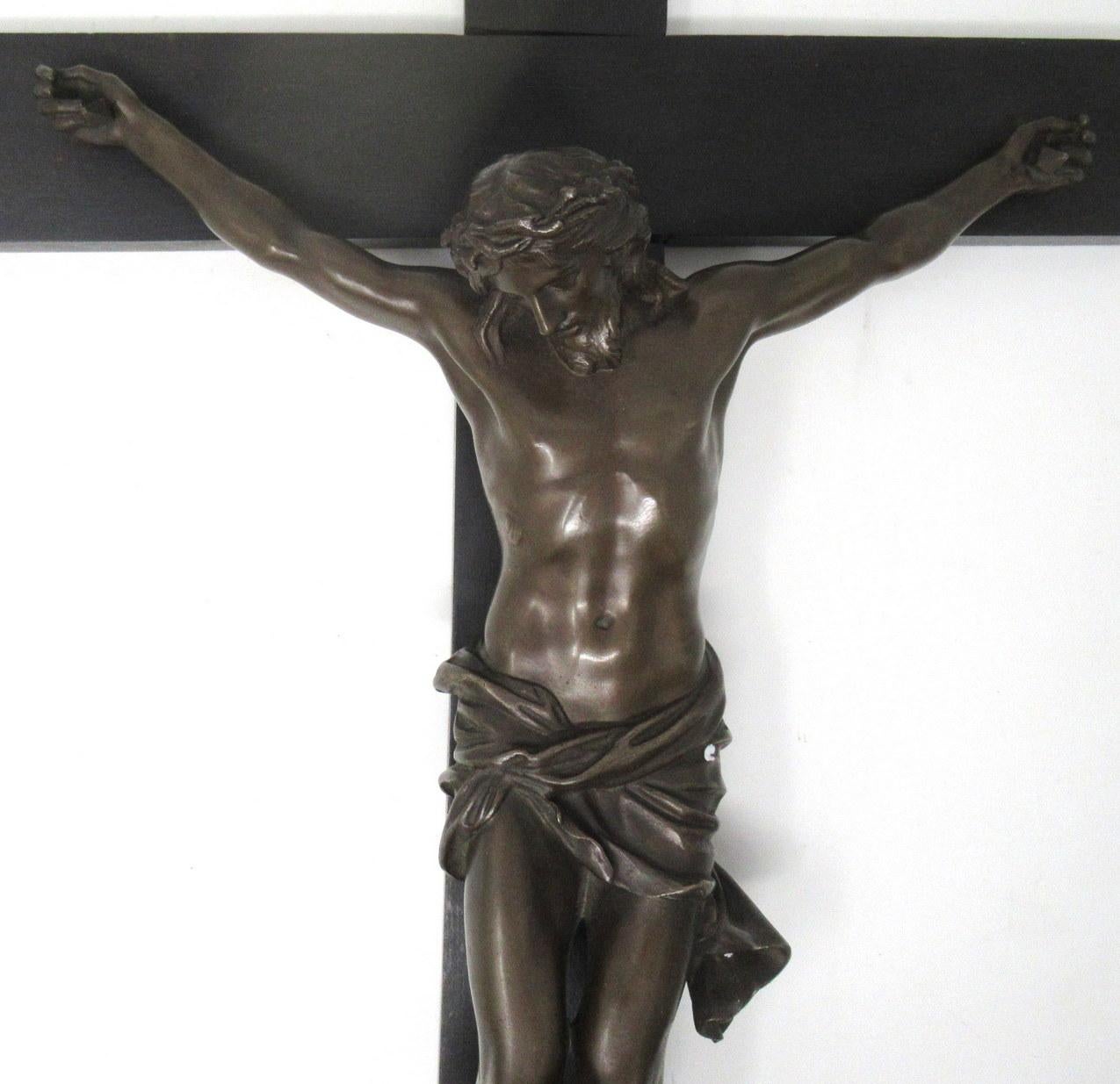 Cast Antique Vintage French Ebonized Religious Holy Crucifix Bronze Christ Cross Inri