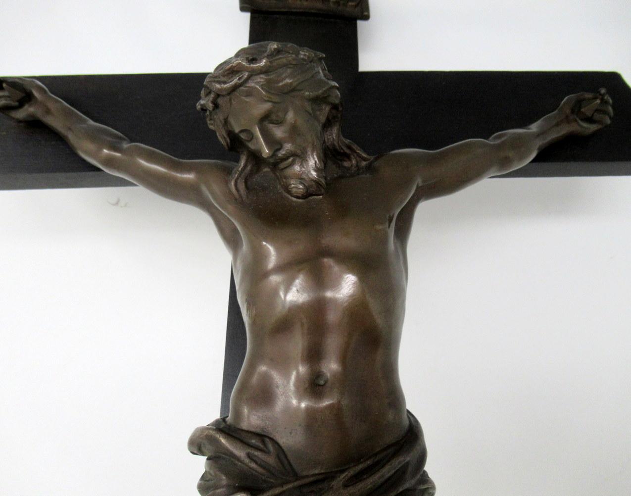 19th Century Antique Vintage French Ebonized Religious Holy Crucifix Bronze Christ Cross Inri