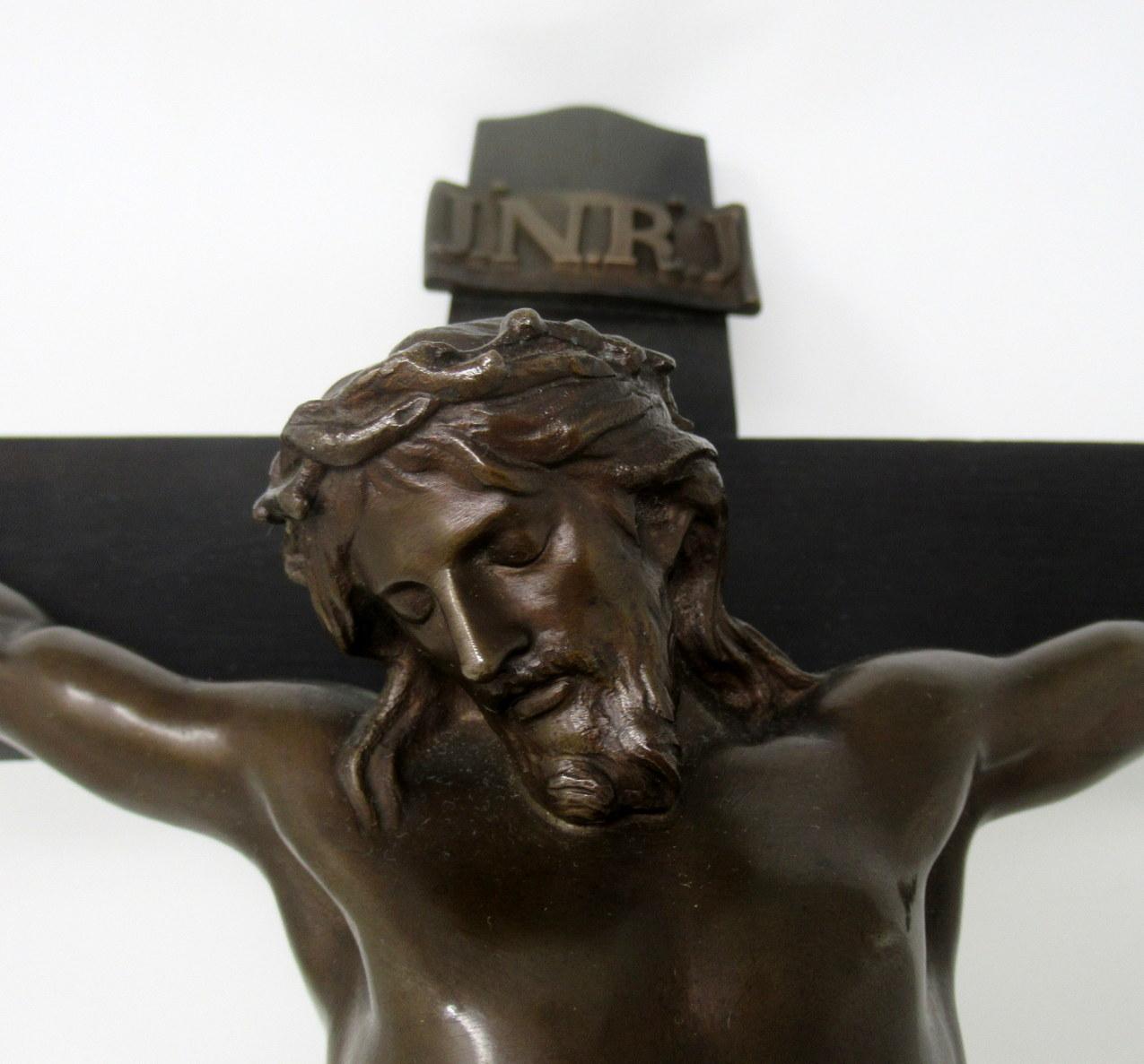 Antique Vintage French Ebonized Religious Holy Crucifix Bronze Christ Cross Inri 1