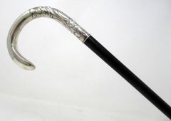 Antique Vintage French Ebony Walking Stick Dress Cane Sterling Silver 1912