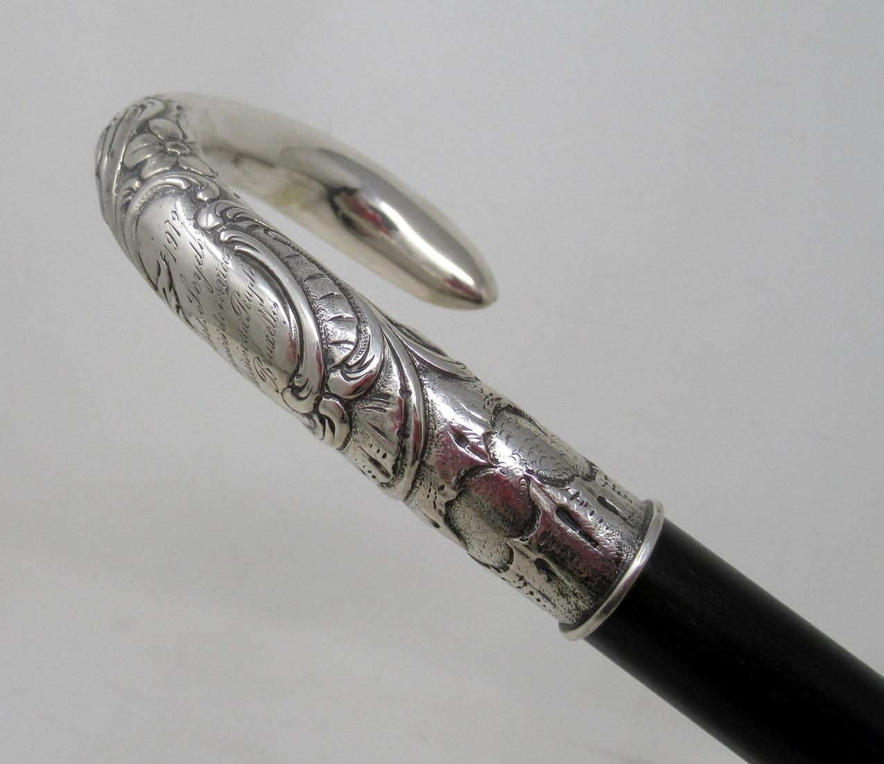 Antique Vintage French Ebony Walking Stick Dress Cane Sterling Silver 1912  In Good Condition In Dublin, Ireland