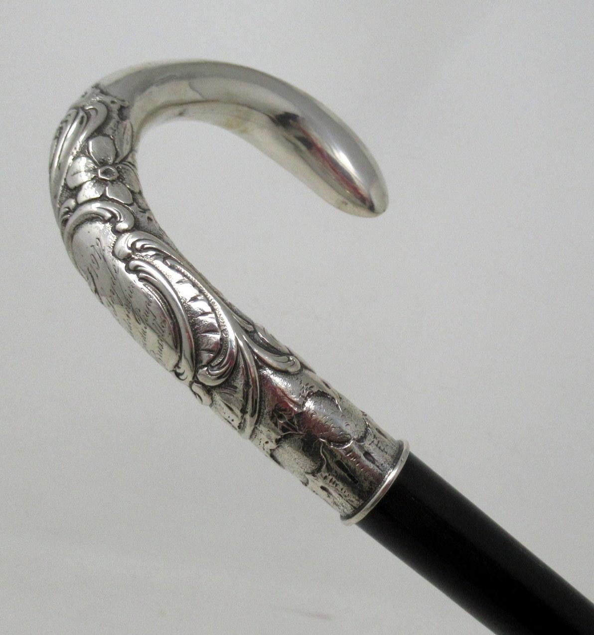 20th Century Antique Vintage French Ebony Walking Stick Dress Cane Sterling Silver 1912 