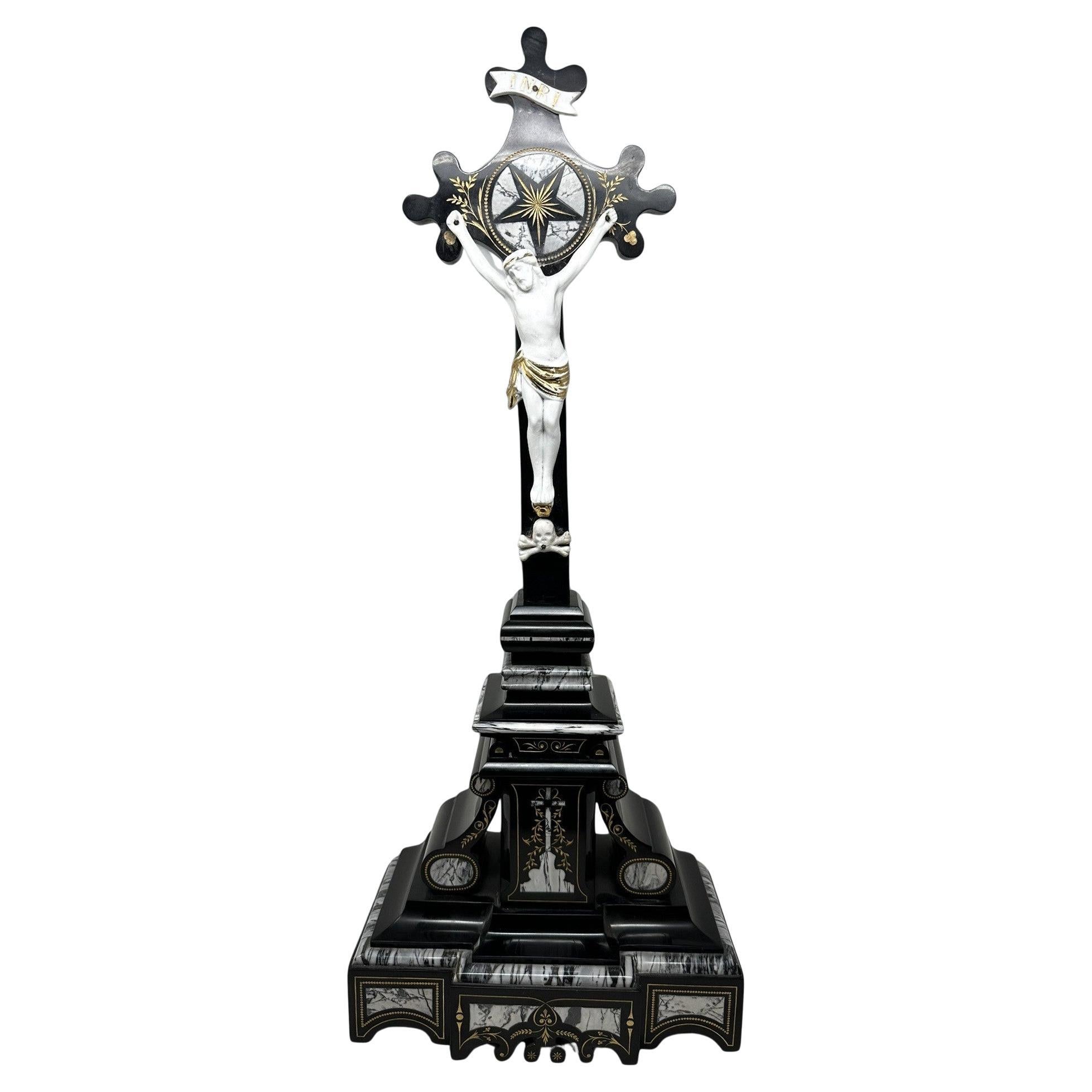 Antique Vintage French Gilt Marble Religious Holy Crucifix Jesus Christ Cross