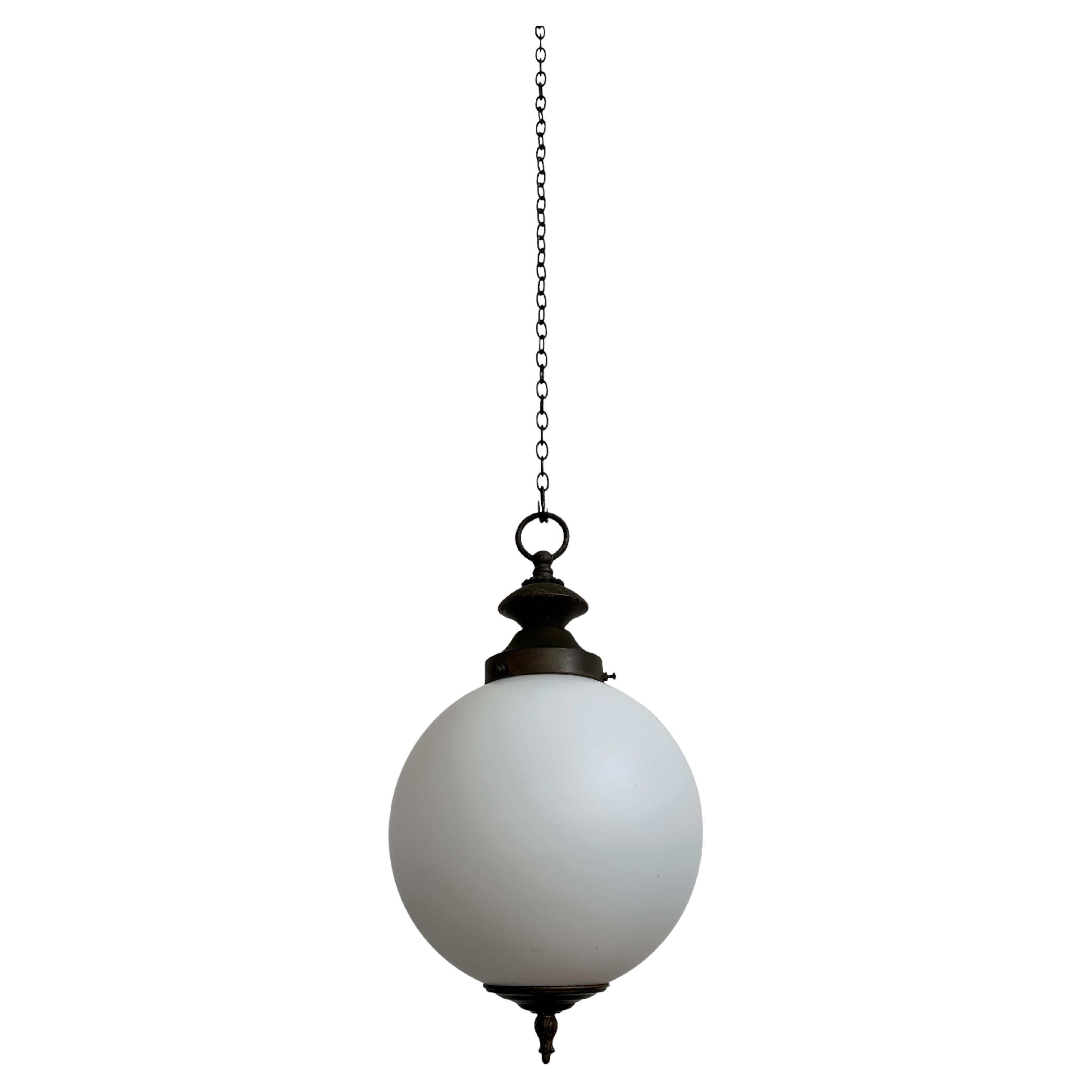 Antique Vintage French Opaline Milk Glass Globe Ceiling Pendant Light Lamp