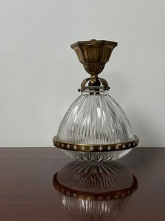Antique Vintage French Petite Bronze Holophane Glass Ceiling Pendant Light Lamp