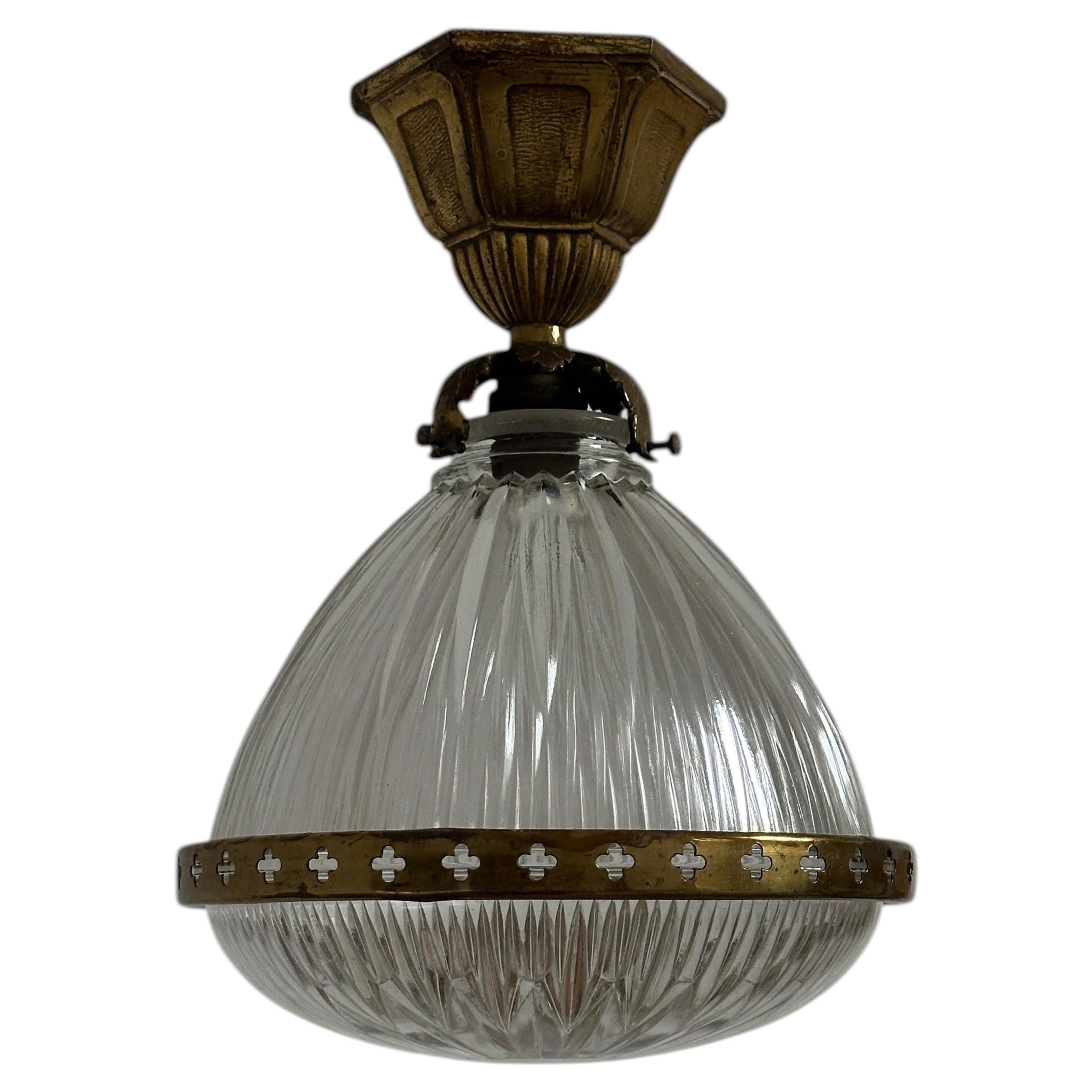 Antique Vintage French Petite Bronze Holophane Glass Ceiling Pendant Light Lamp
