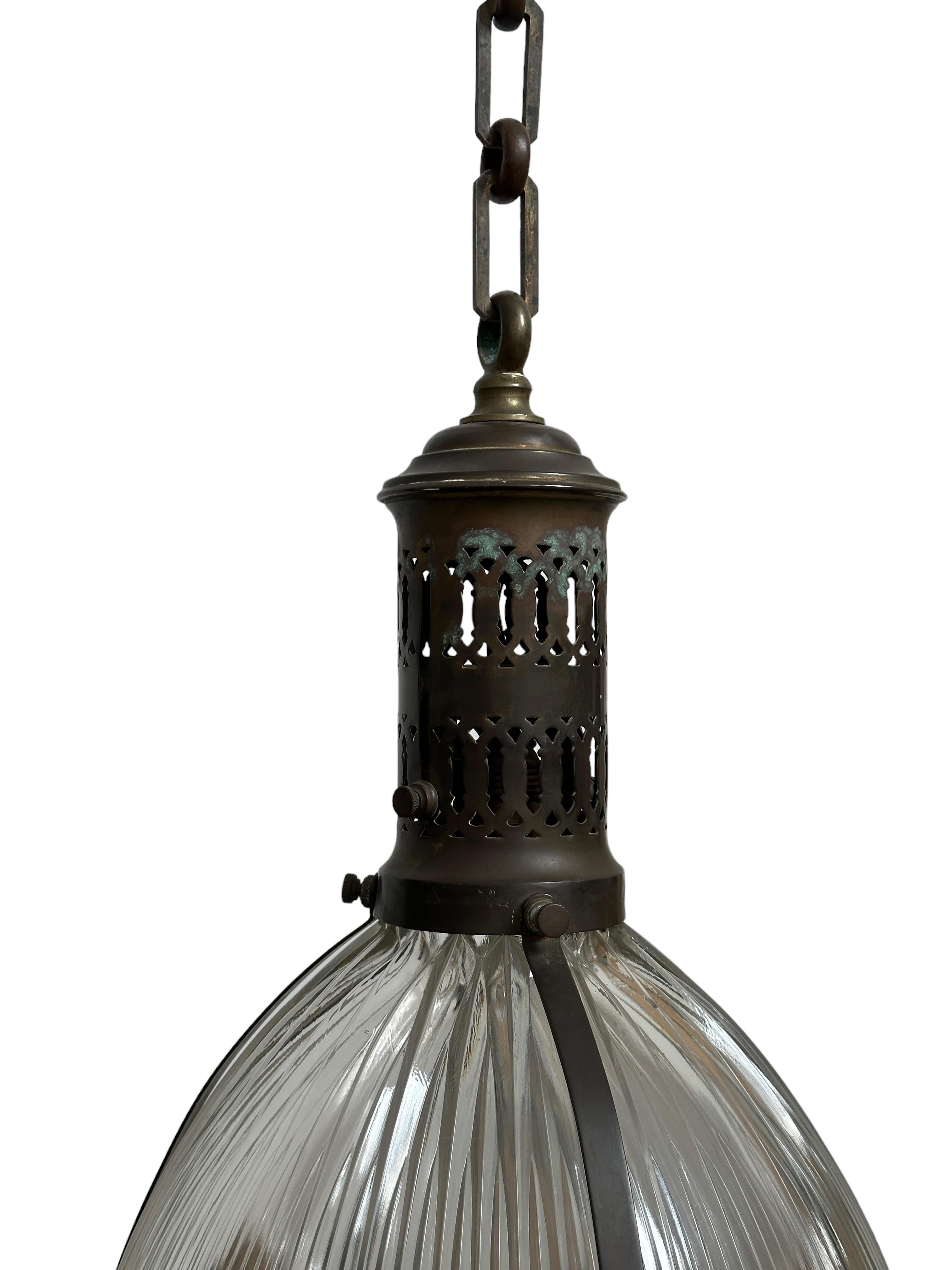 Antique Vintage French XL Caged Brass Holophane Glass Ceiling Pendant Light Lamp In Good Condition For Sale In Sale, GB