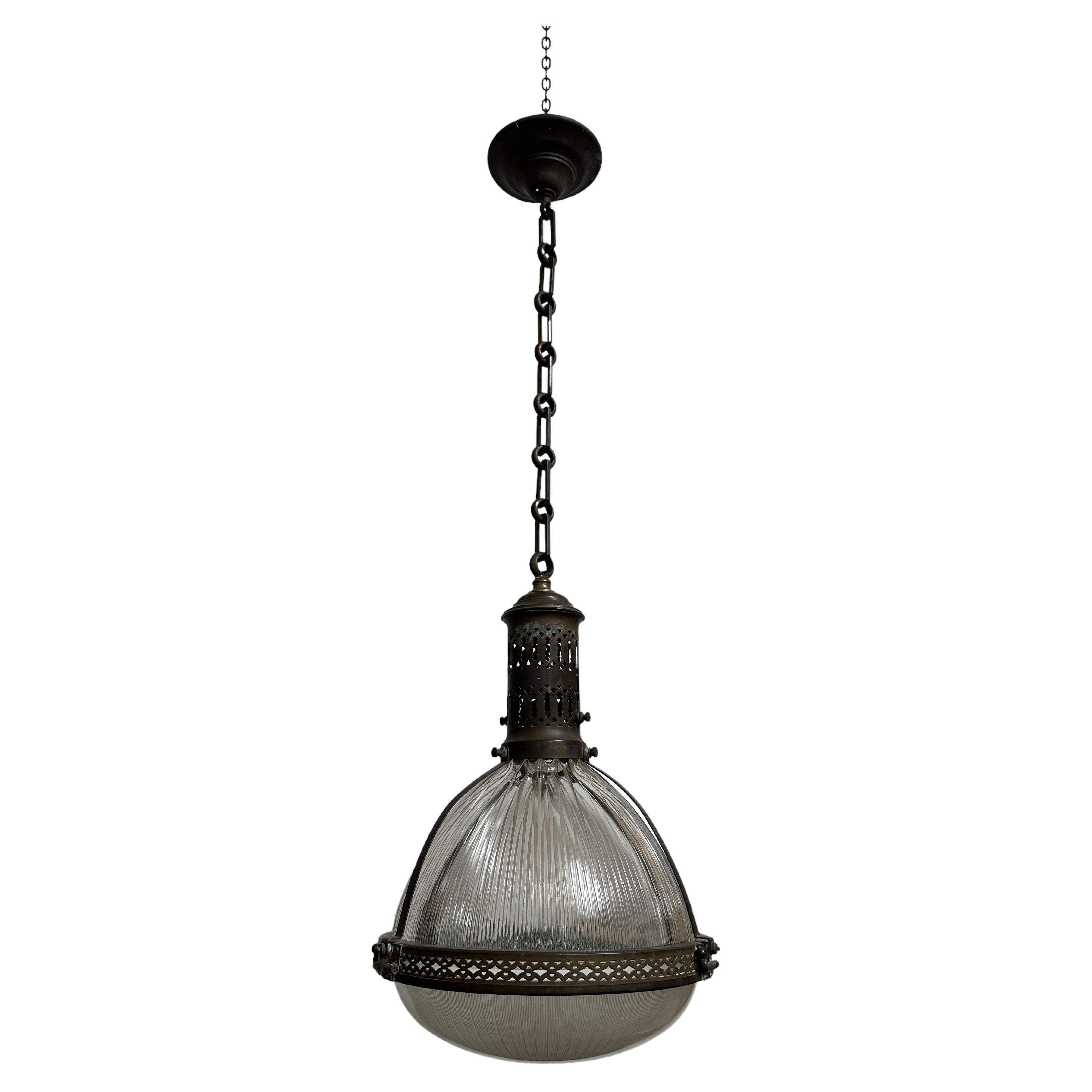 Antique Vintage French XL Caged Brass Holophane Glass Ceiling Pendant Light Lamp