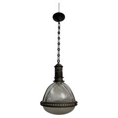 Antique Vintage French XL Caged Brass Holophane Glass Ceiling Pendant Light Lamp