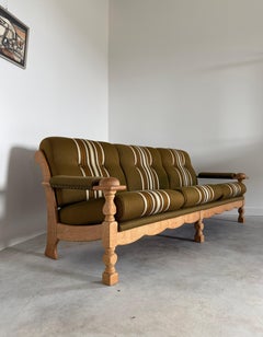 Scalloped Carved Turned Danish Oak Henning Kjærnulf Style Sofa Couch Olive Wool