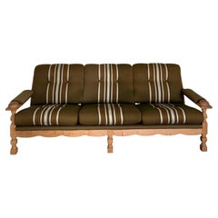 Scalloped Carved Turned Danish Oak Henning Kjærnulf Style Sofa Couch Olive Wool