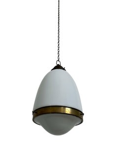 Antique Vintage German Bauhaus Opaline Milk Glass Brass Ceiling Pendant Light