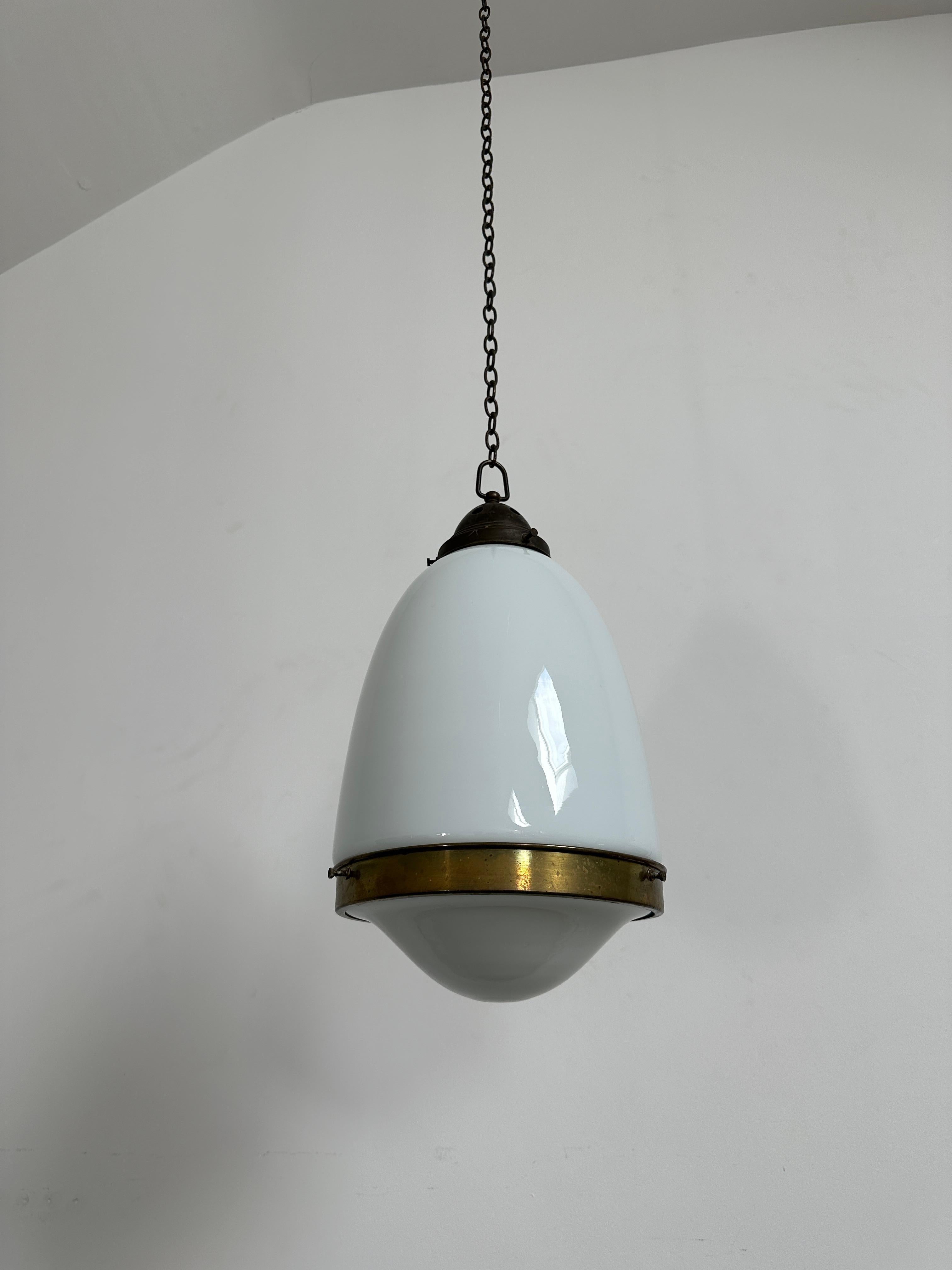 Antique Vintage German Bauhaus Opaline Milk Glass Ceiling Pendant Light Lamp In Good Condition For Sale In Sale, GB