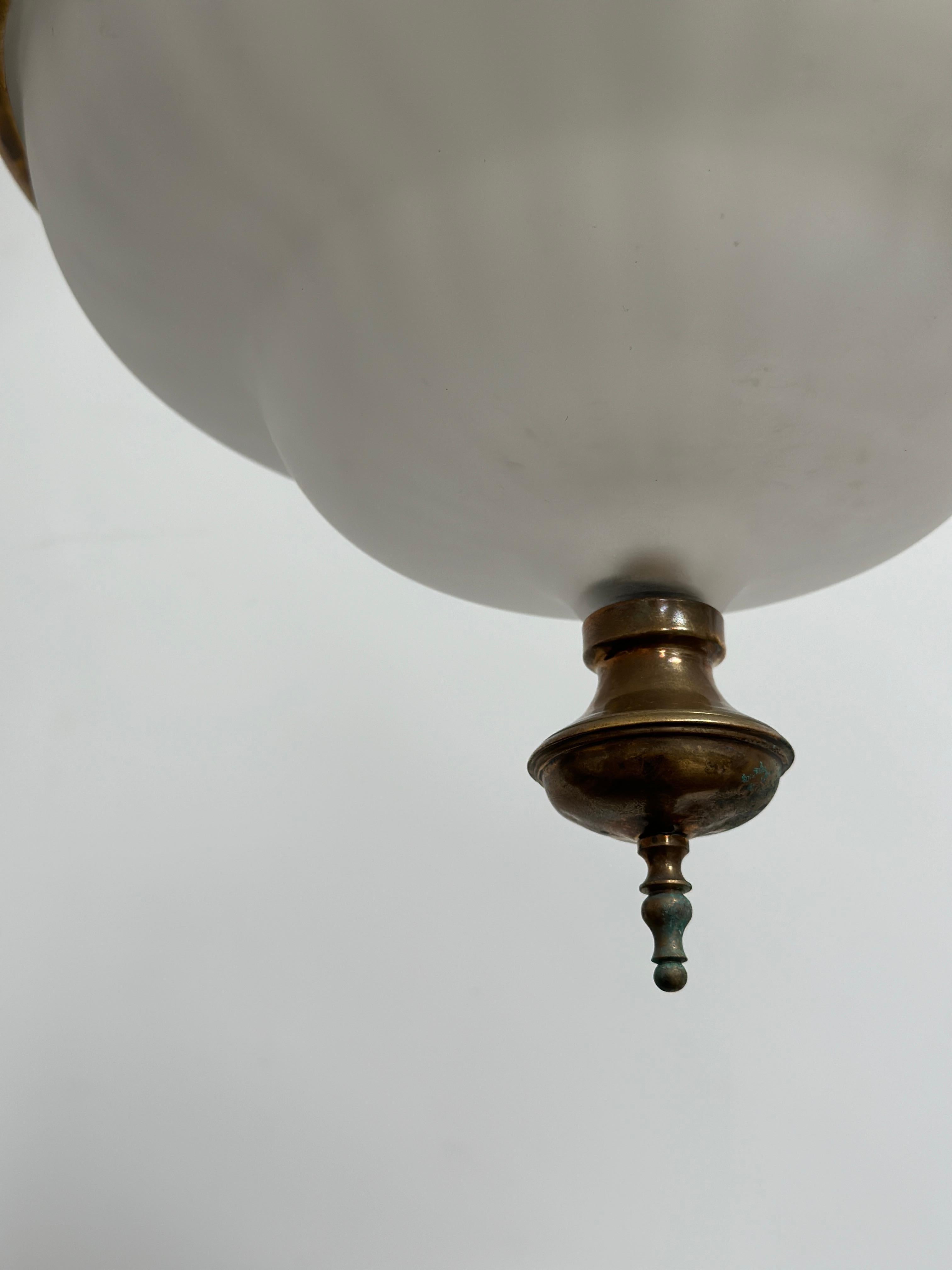 Antique Vintage German Bauhaus Opaline Opaque Brass Ceiling Pendant Light In Good Condition In Sale, GB