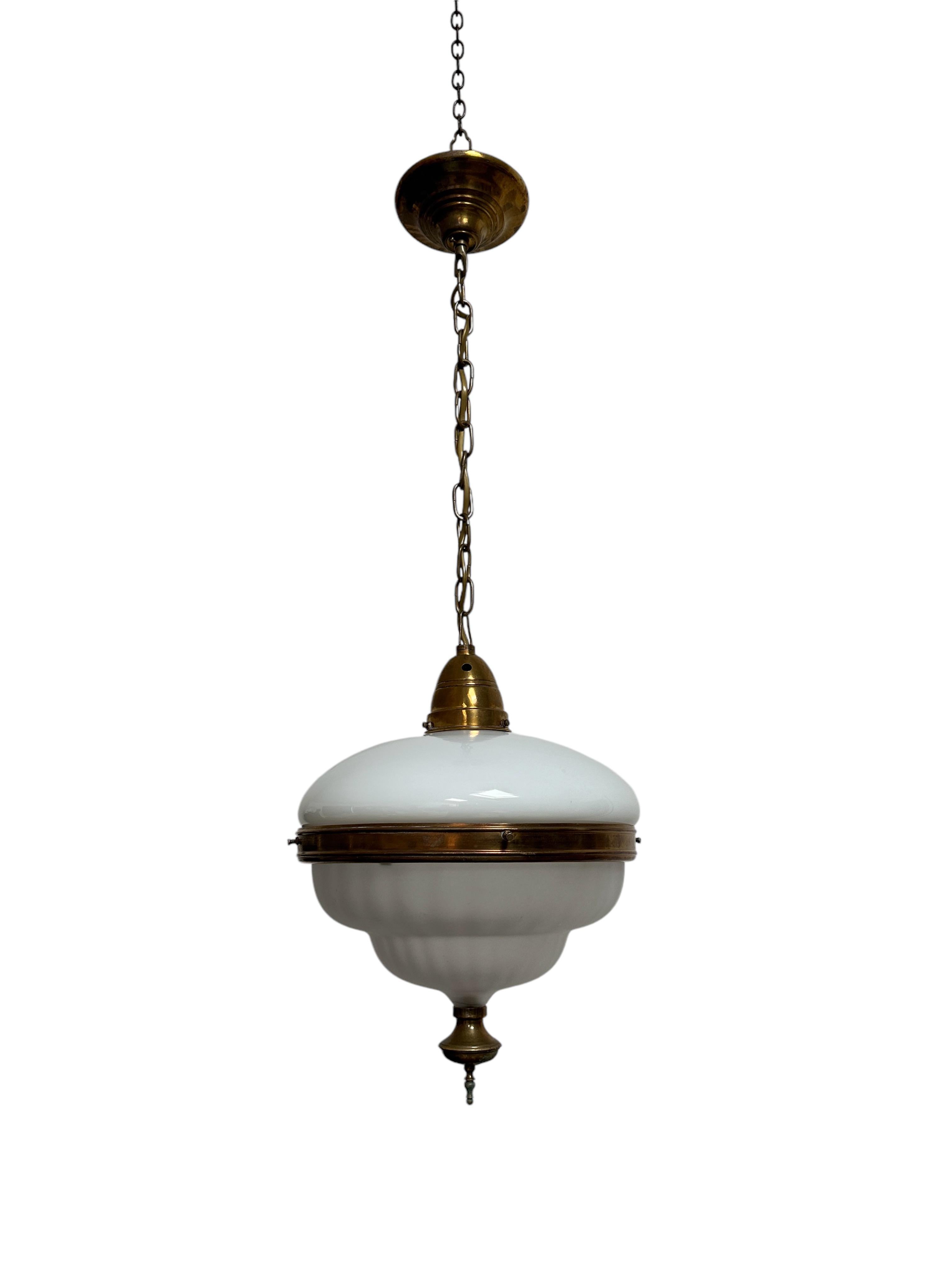 20th Century Antique Vintage German Bauhaus Opaline Opaque Brass Ceiling Pendant Light