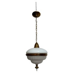Antique Vintage German Bauhaus Opaline Opaque Brass Ceiling Pendant Light