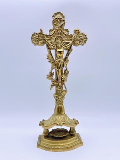 Antique/Vintage Gothic Altar Table Crucifix, Brass /Bronze Table Standing Cross