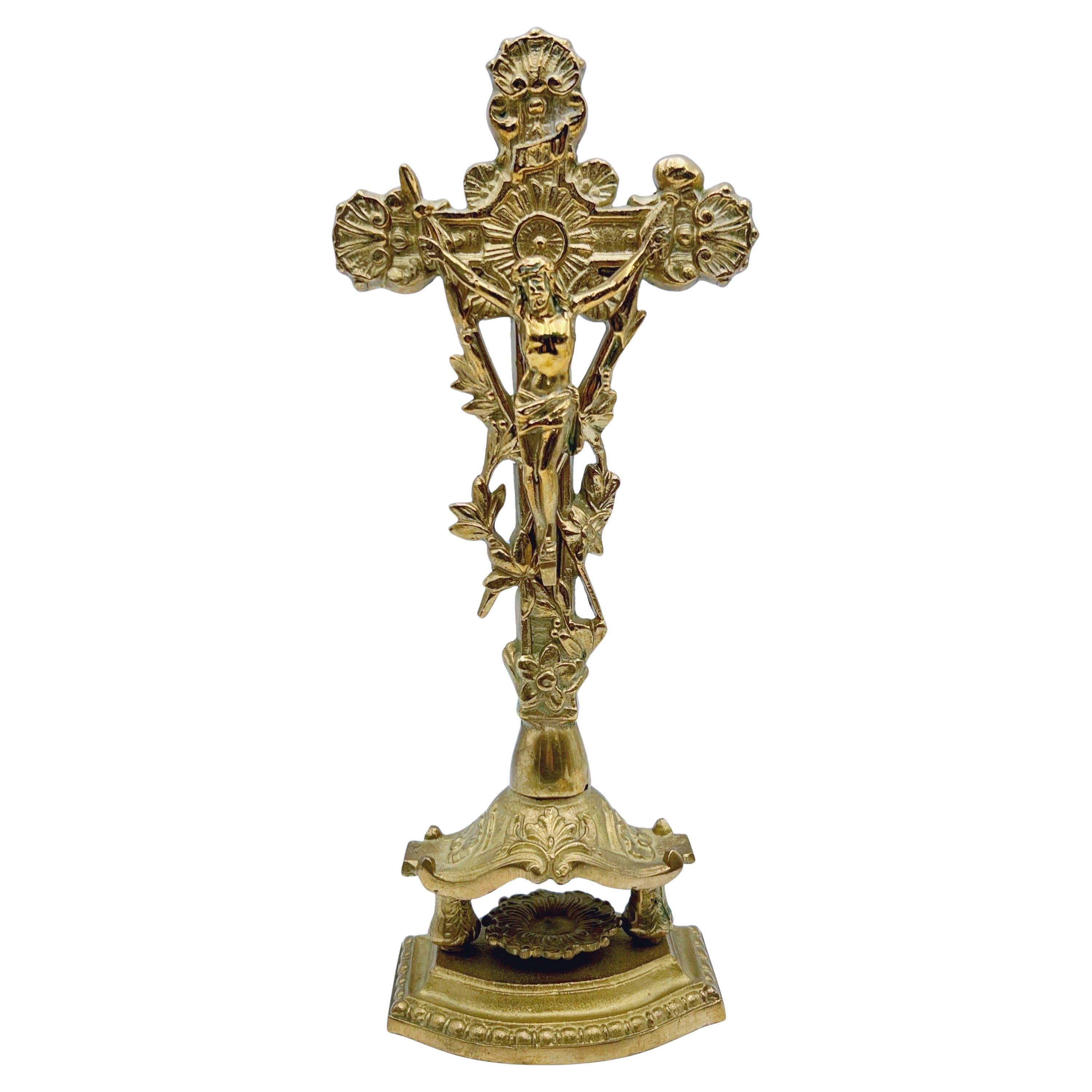 Antique/Vintage Gothic Altar Table Crucifix, Brass /Bronze Table Standing Cross