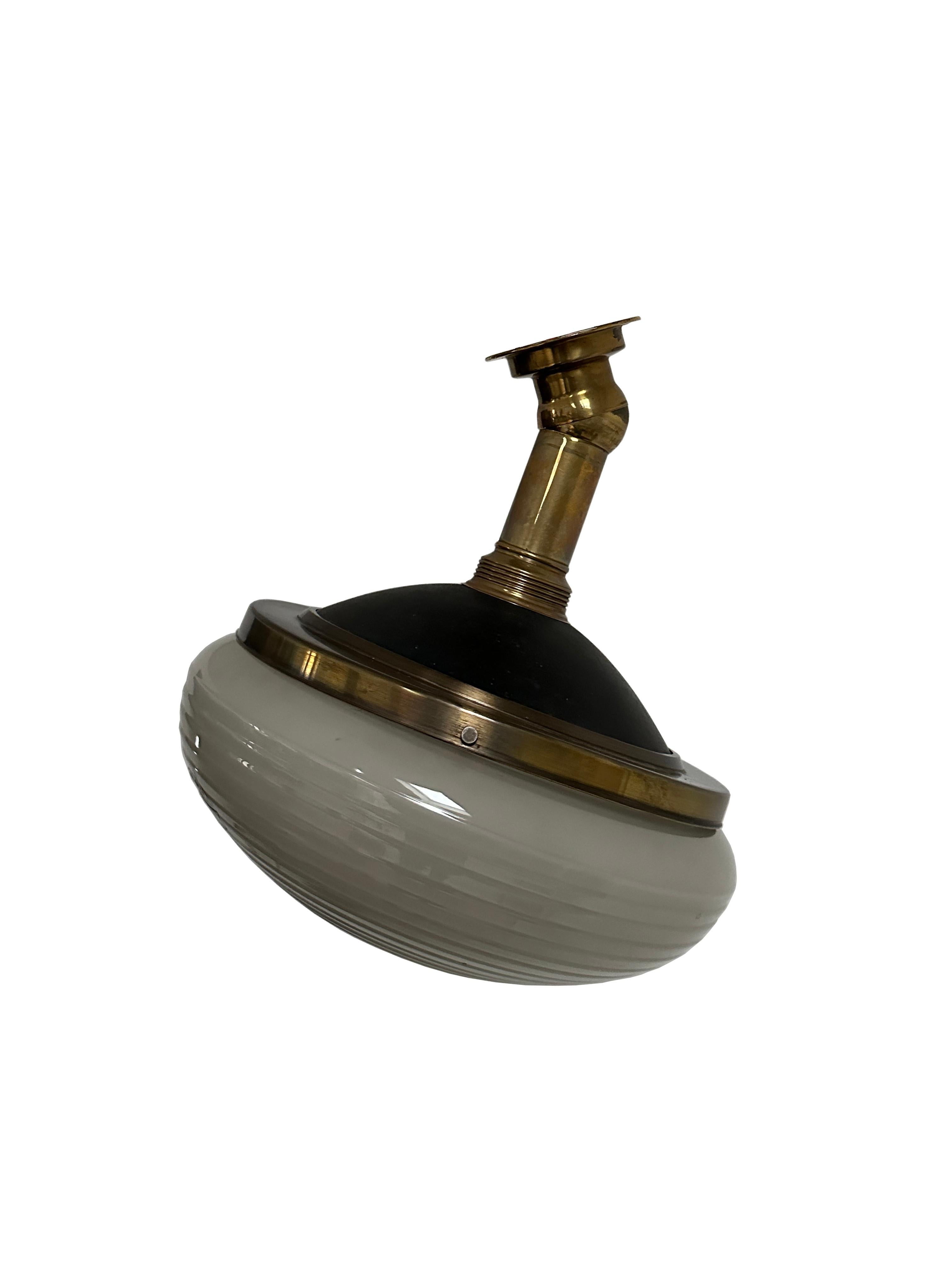- An extremely rare Carl Zeiss Jena ceiling/wall lamp by Adolf Meyer, Germany circa 1920.
- Designed by well known Bauhaus architect Adolf Meyer, the lamp has a stepped brass body with acid etched glass bowl shade which is fully stamped 'Carl Zeiss