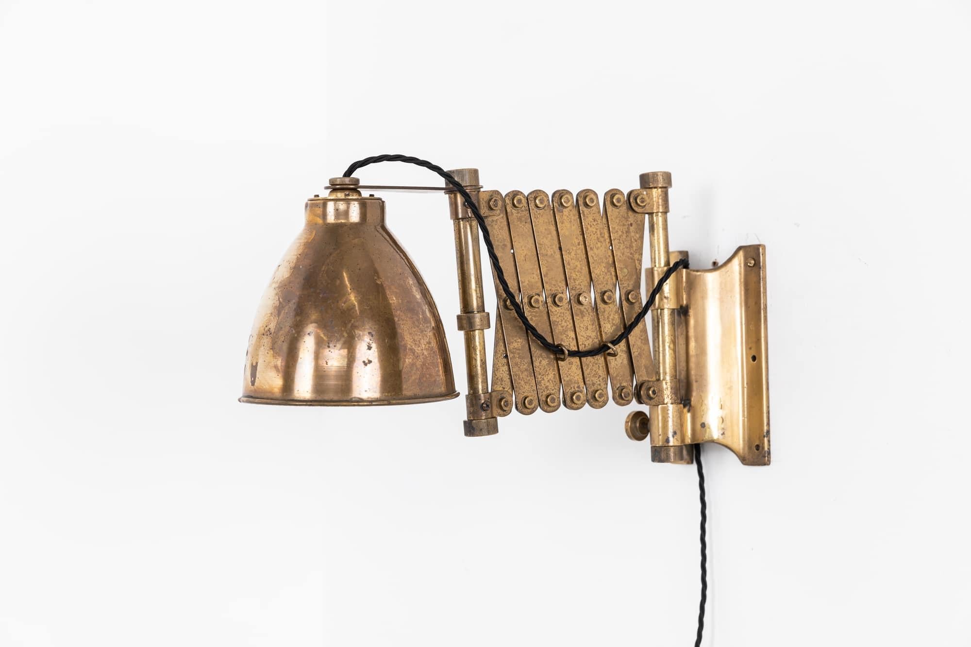 Art Deco Antique Vintage Industrial Brass Scissor Wall Lamp, c.1940