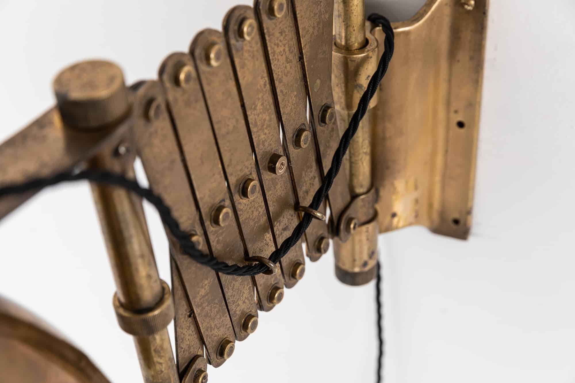 Antique Vintage Industrial Brass Scissor Wall Lamp, c.1940 In Fair Condition In London, GB