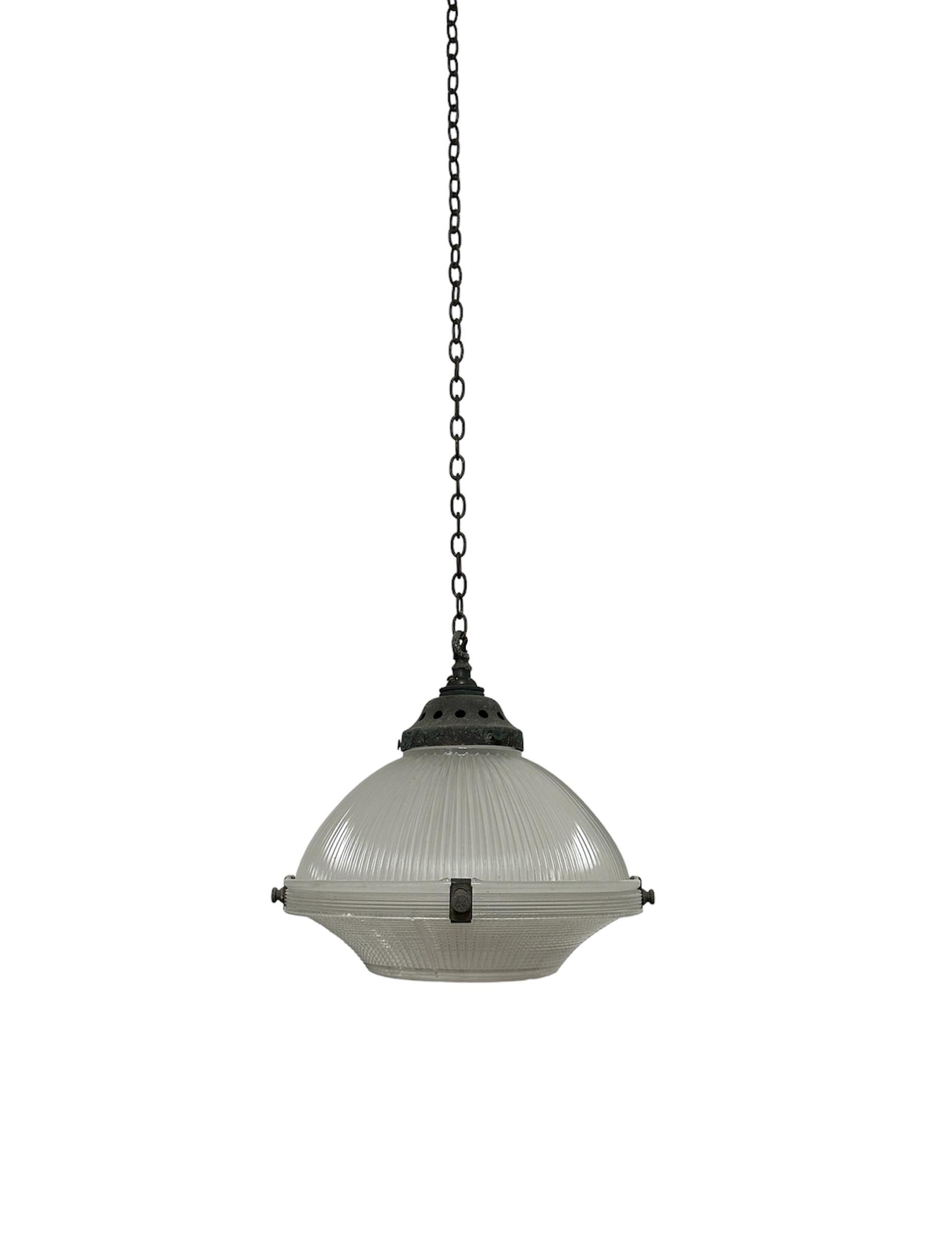 British Antique Vintage Industrial Church Holophane Prismatic Glass Ceiling Pendant Lamp For Sale