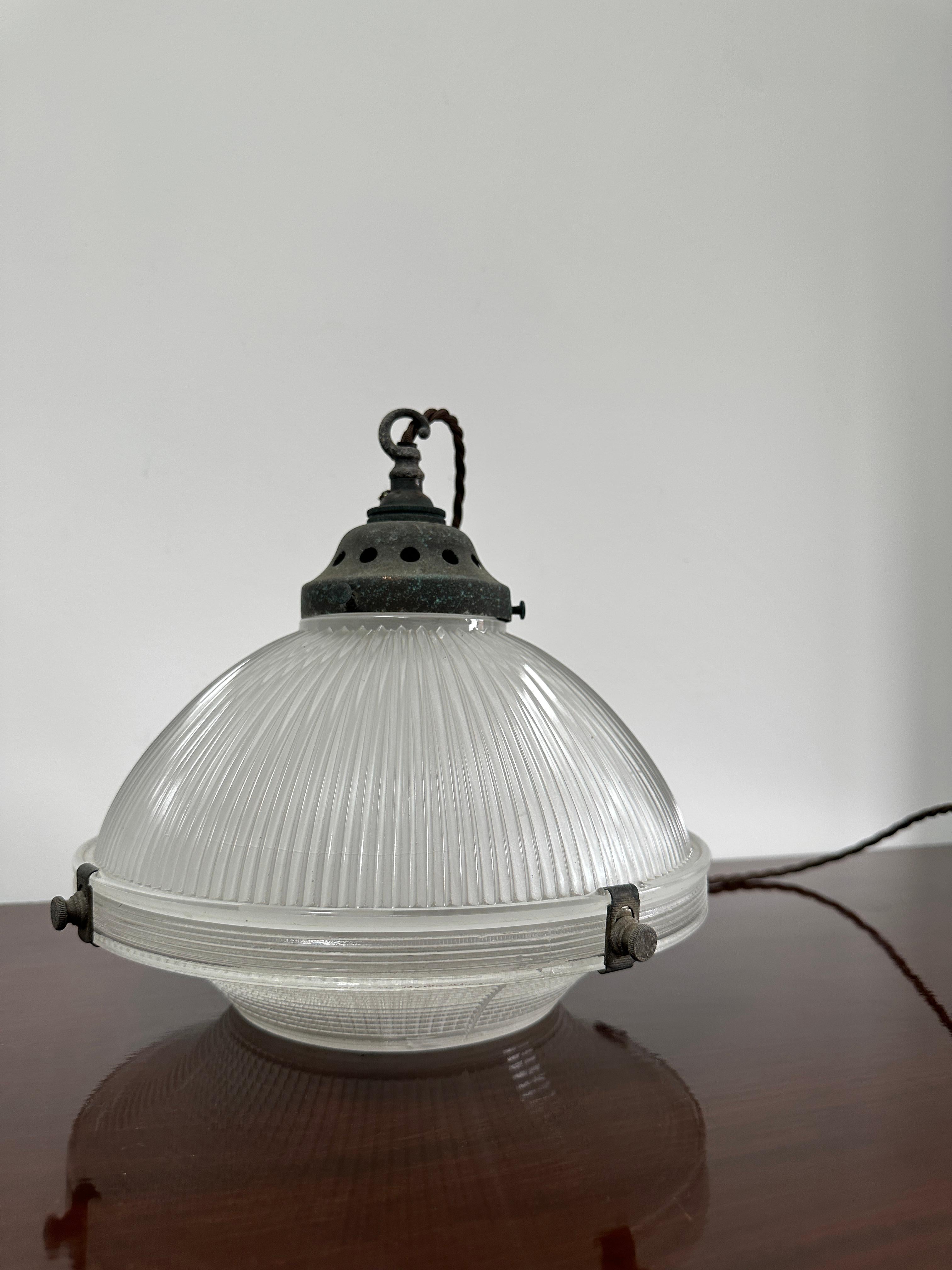 20th Century Antique Vintage Industrial Church Holophane Prismatic Glass Ceiling Pendant Lamp For Sale