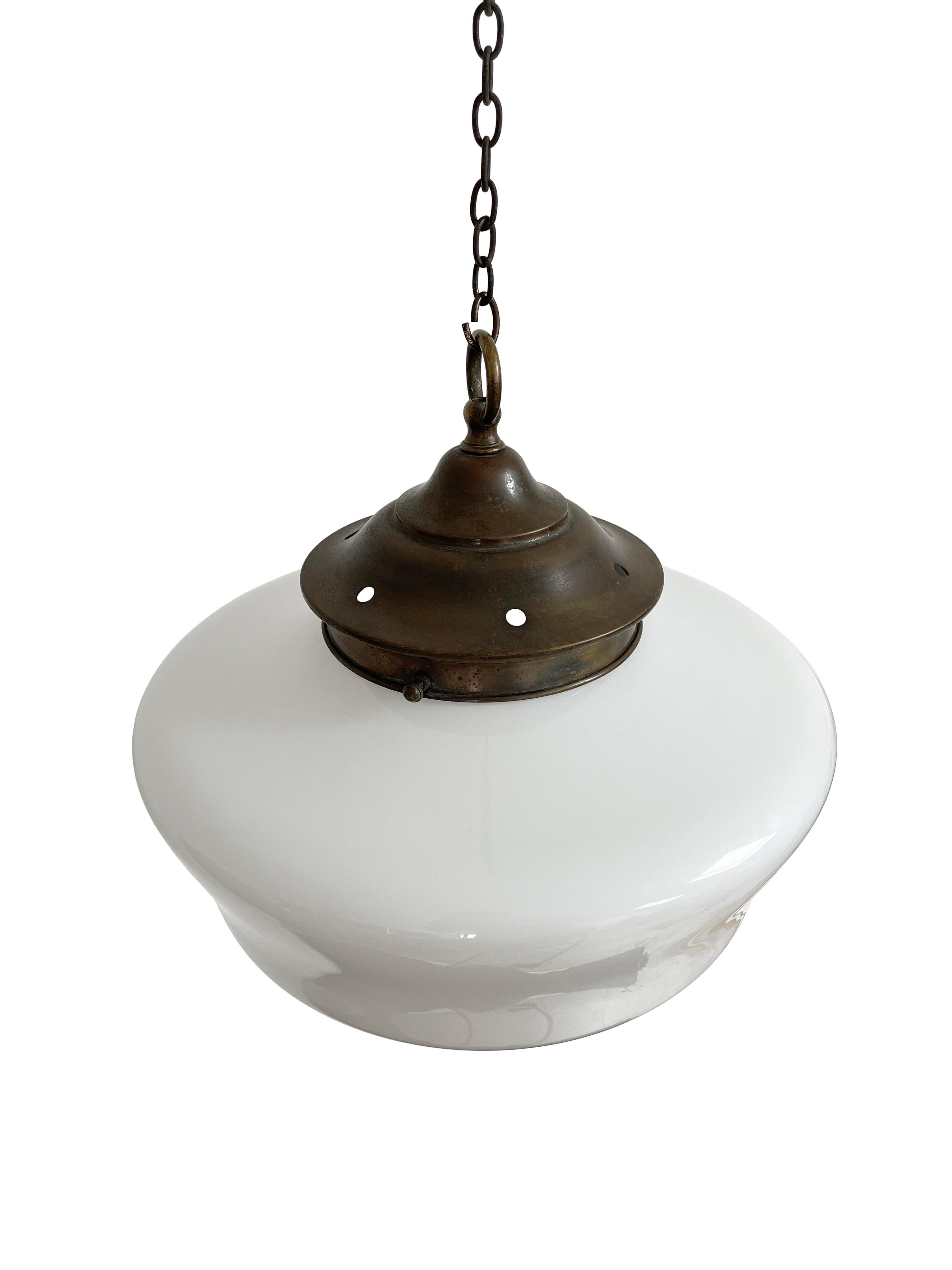 Antique Vintage Industrial Church Opaline Milk Glass Ceiling Pendant with Finial In Good Condition In Sale, GB