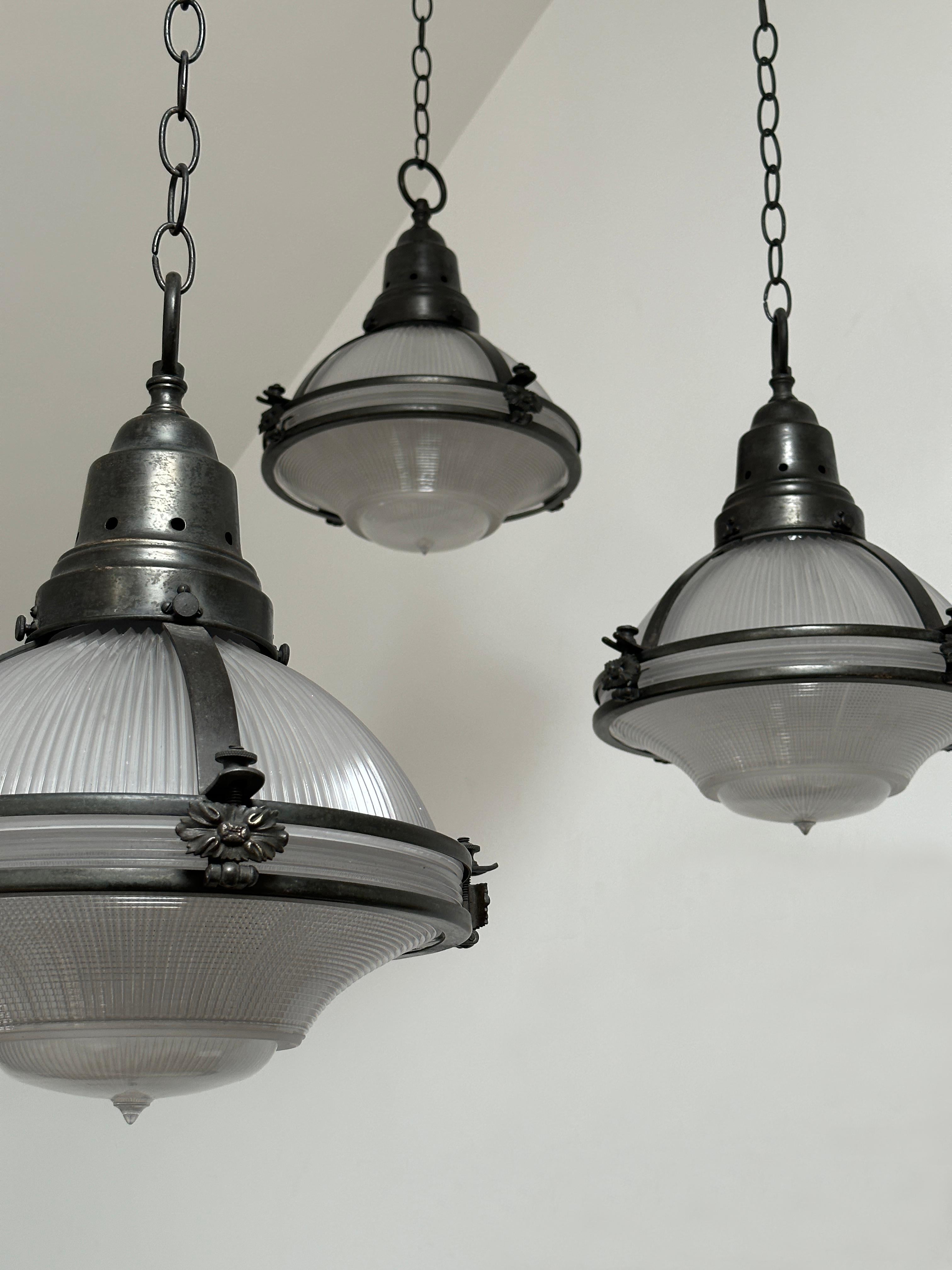 20th Century Antique Vintage Industrial Holophane Caged Glass Ceiling Pendants Lights Lantern