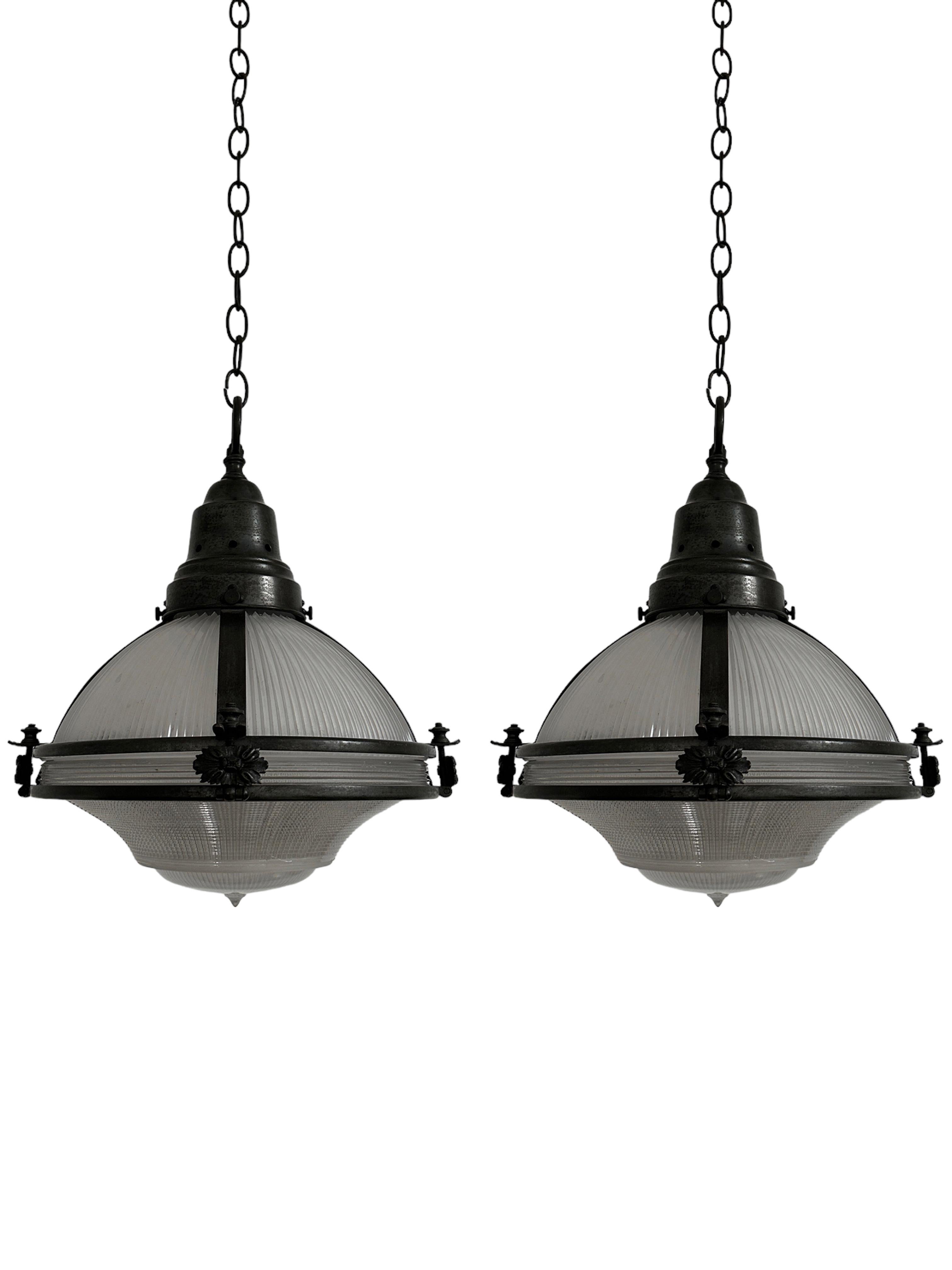 Antique Vintage Industrial Holophane Caged Glass Ceiling Pendants Lights Lantern 1