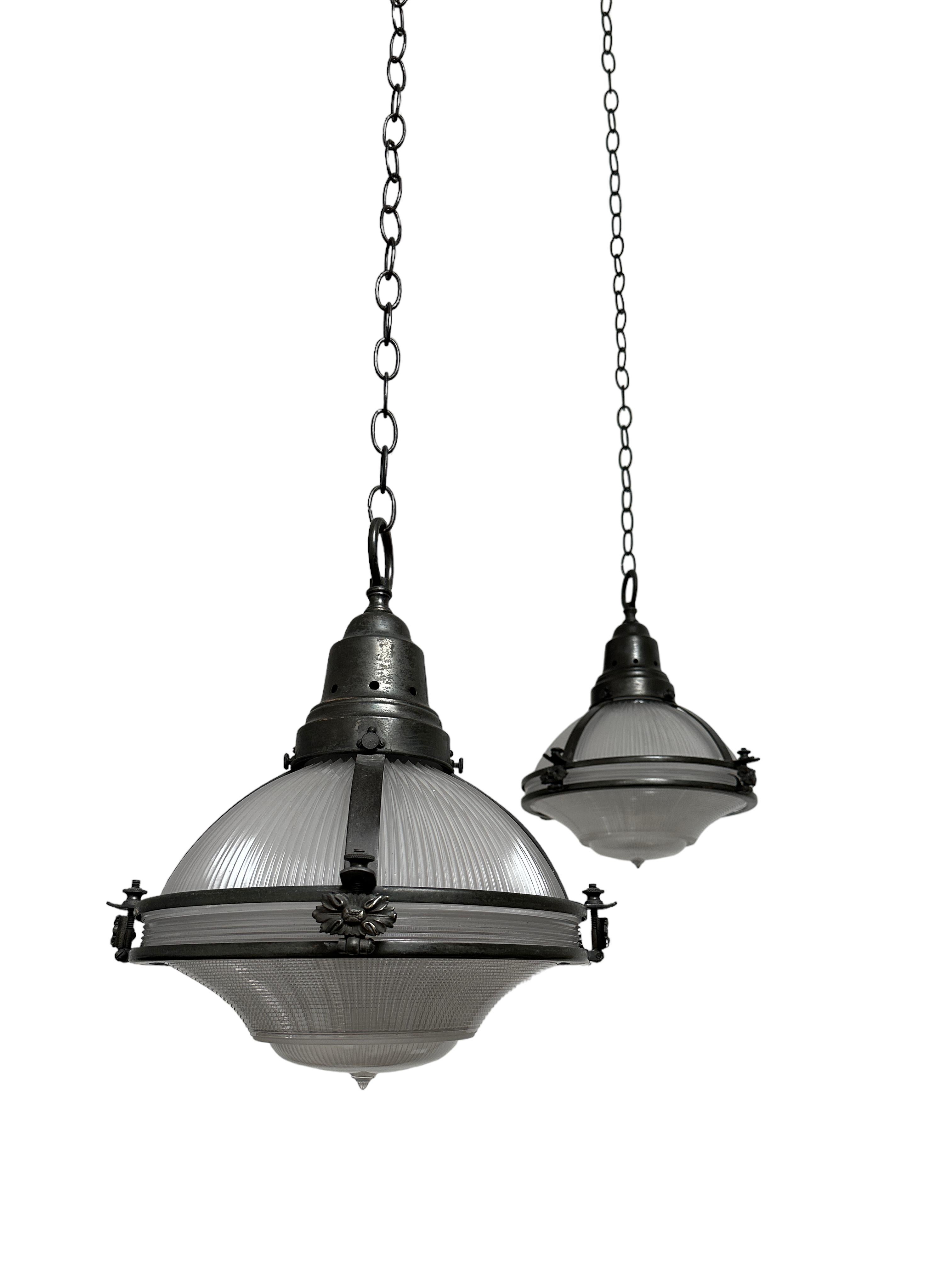 Antique Vintage Industrial Holophane Caged Glass Ceiling Pendants Lights Lantern 2