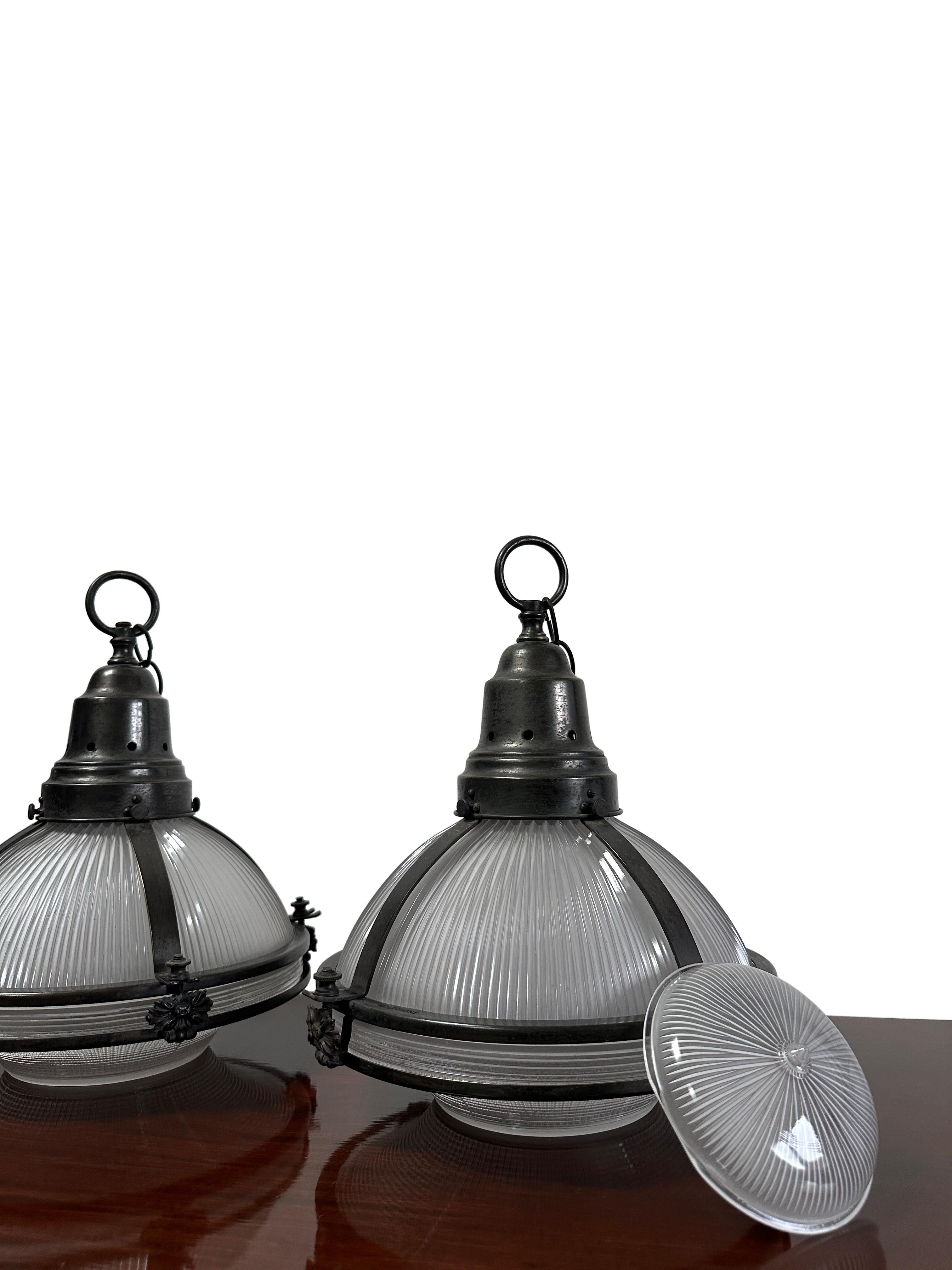 Antique Vintage Industrial Holophane Caged Glass Ceiling Pendants Lights Lantern 3