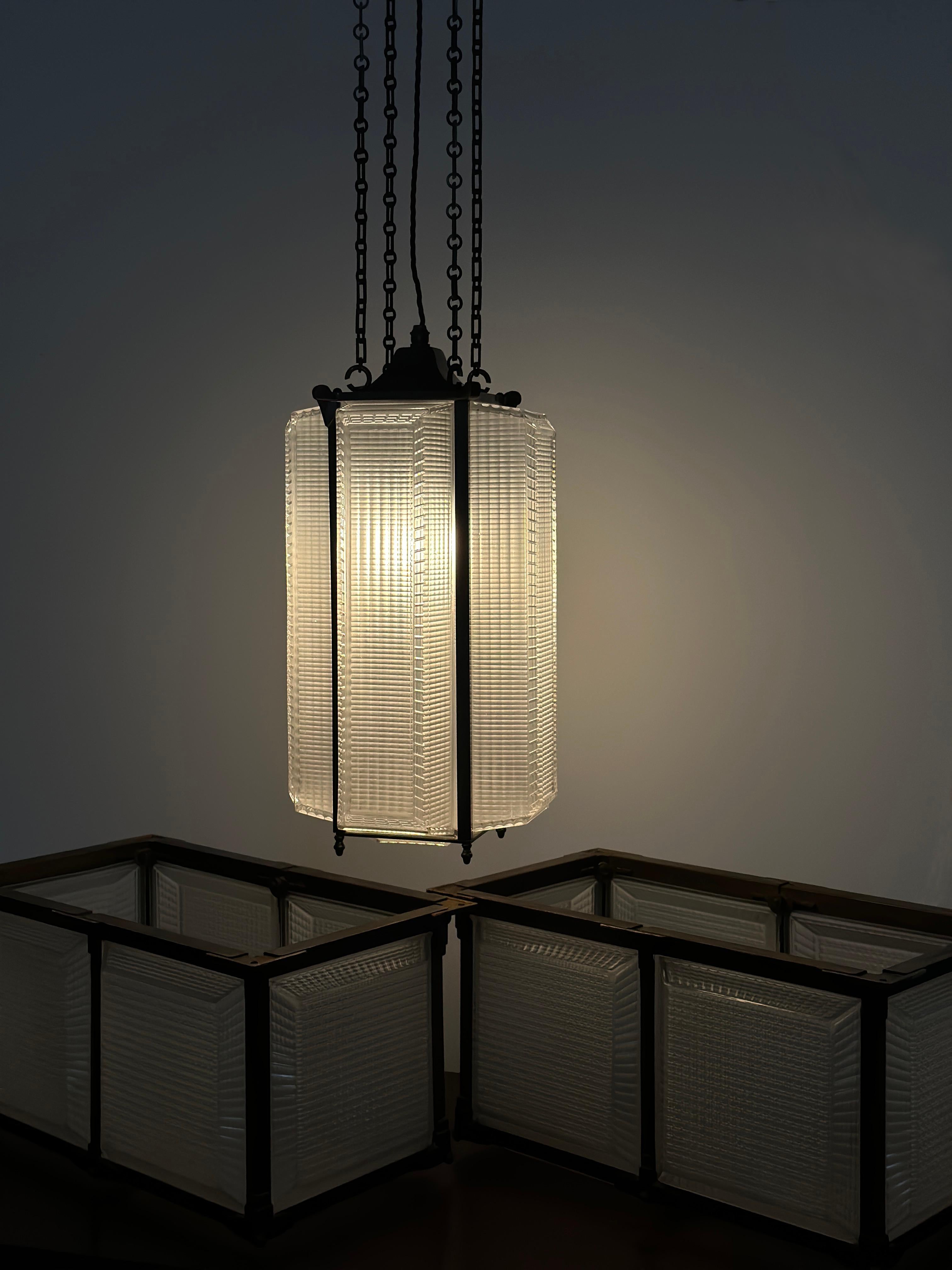 Glass Antique Vintage Industrial Holophane Pagoda Ceiling Pendant Lantern Light Lamp For Sale