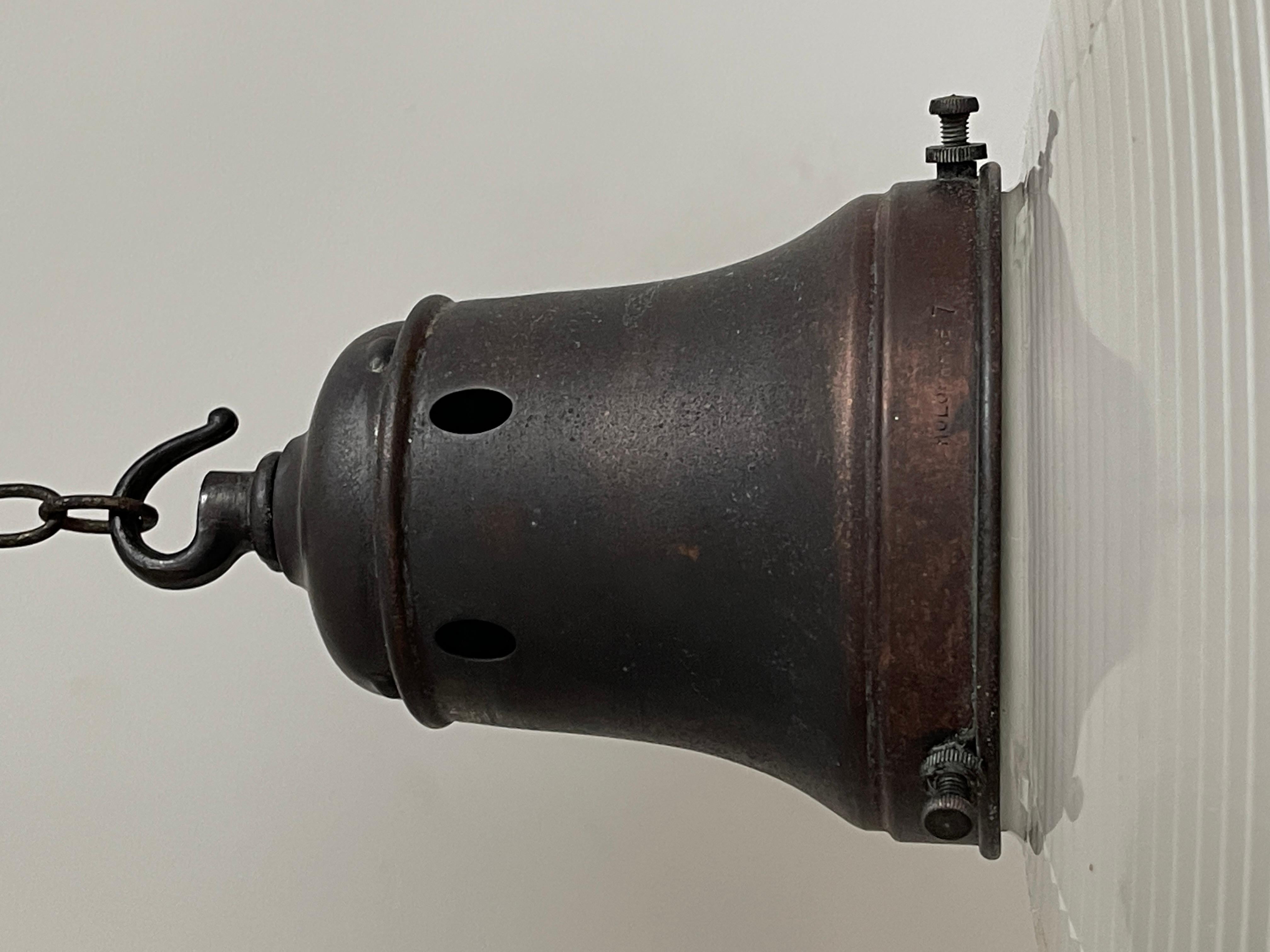 20th Century Antique Vintage Industrial Holophane Prismatic Glass Ceiling Pendant Light Lamp