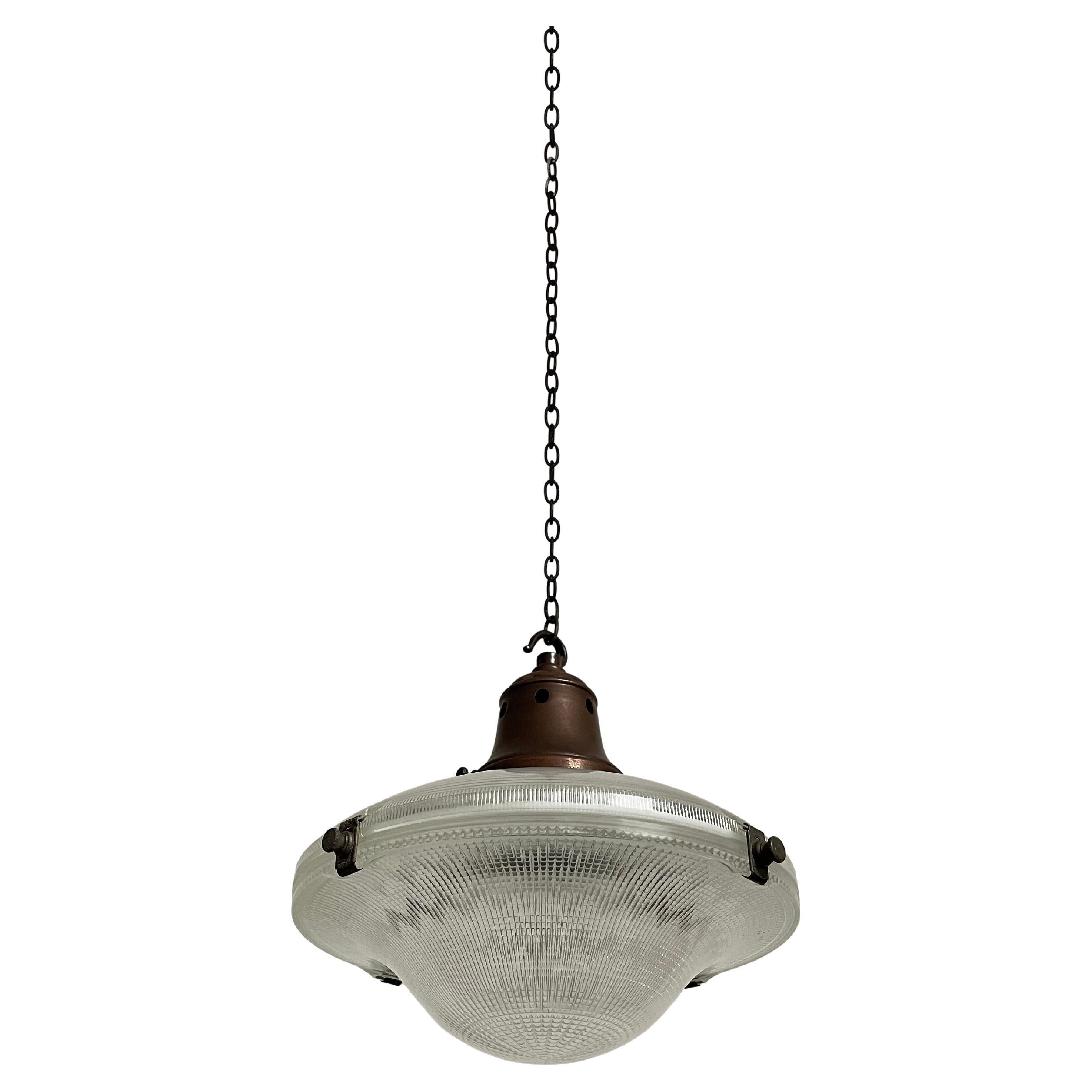 Antique Vintage Industrial Holophane Prismatic Glass Ceiling Pendant Light Lamp For Sale