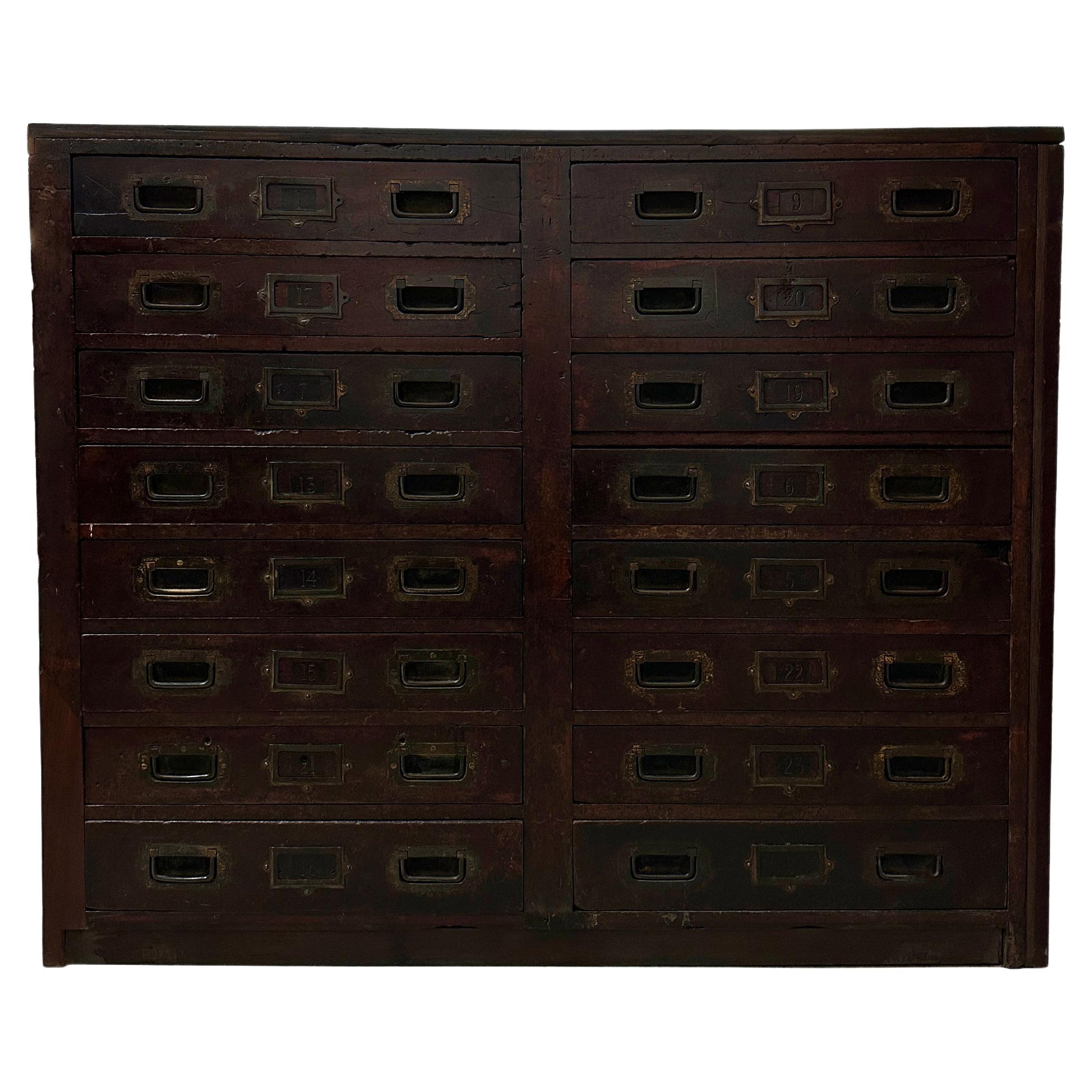 Antique Vintage Industrial Military Campaign Chest Mahogany Haberdashery Drawers en vente