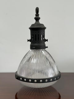 Antique Vintage Industrial Original French Caged Holophane Ceiling Pendant Light