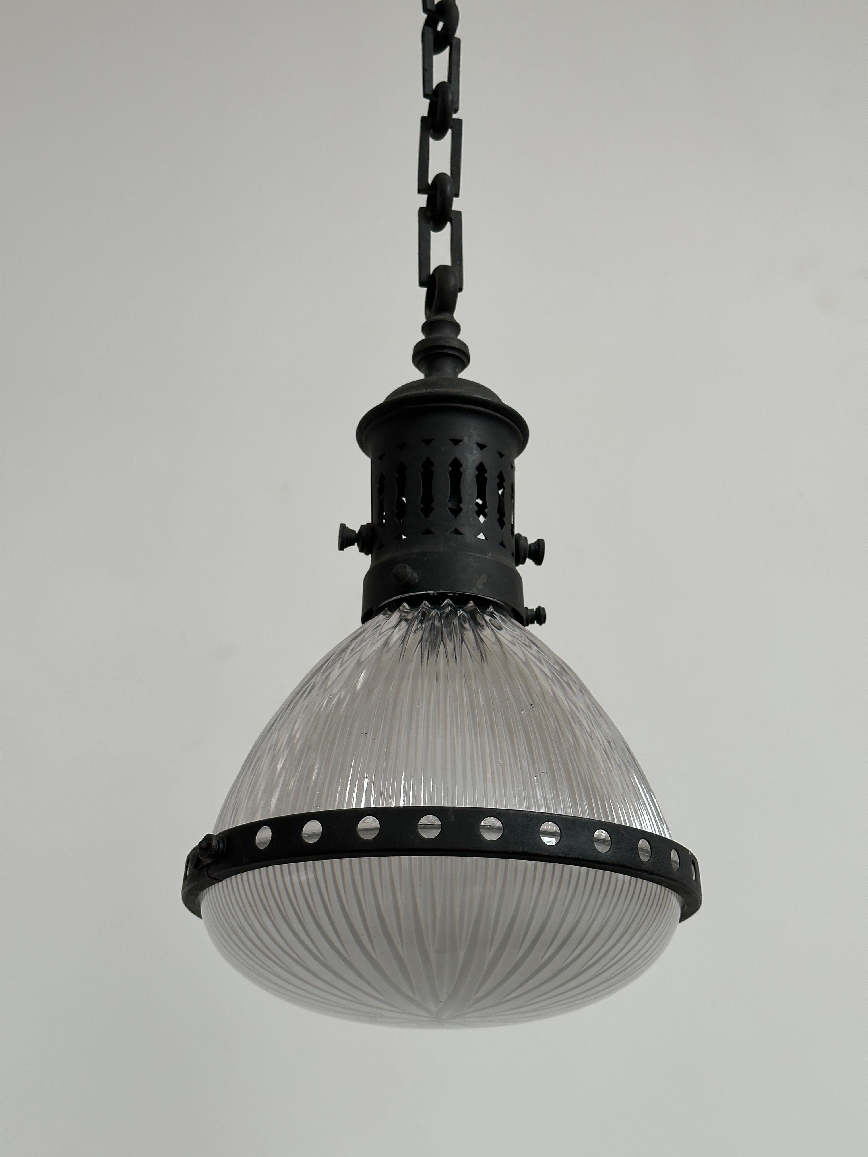 Antique Vintage Industrial Original French Caged Holophane Ceiling Pendant Light In Good Condition For Sale In Sale, GB