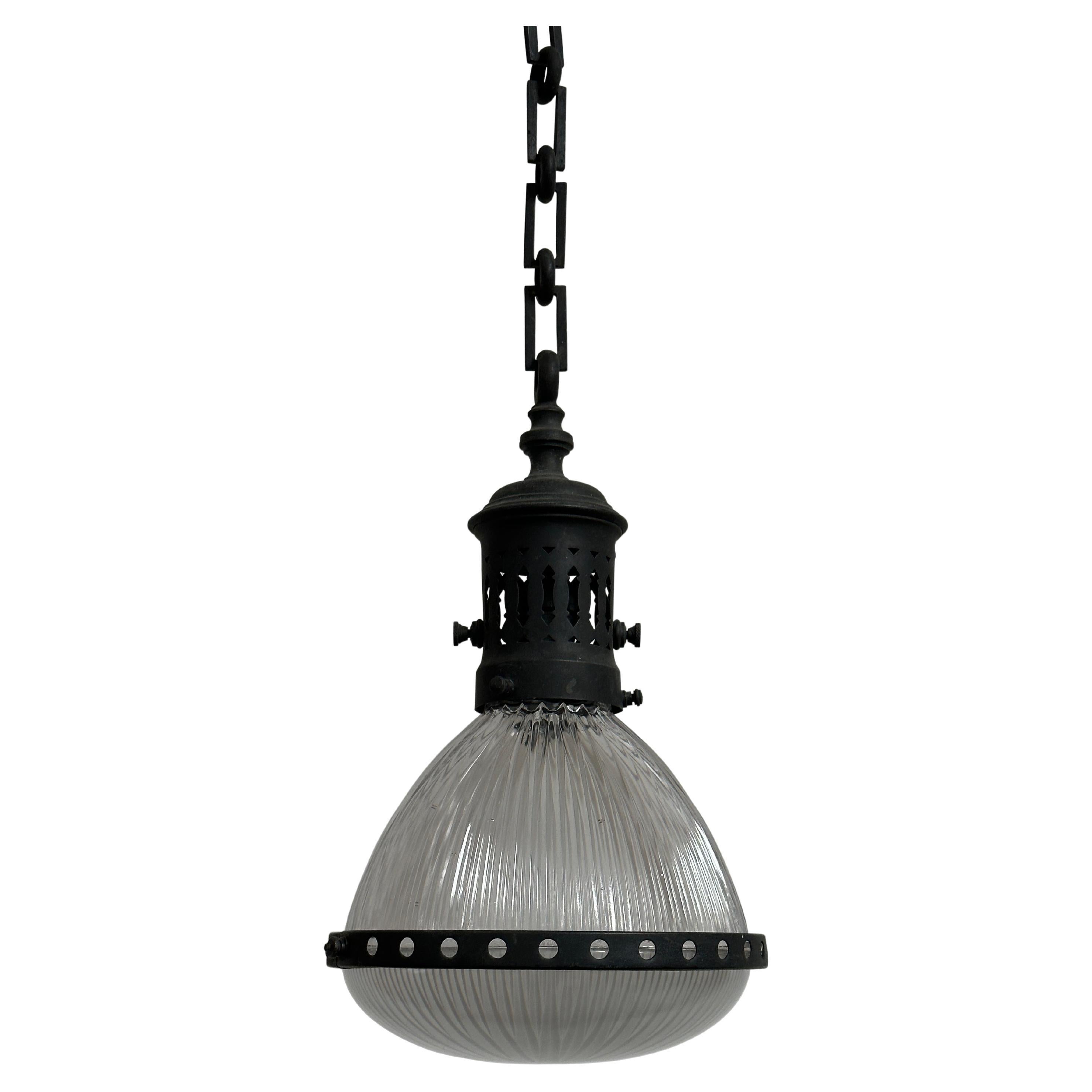 Antique Vintage Industrial Original French Caged Holophane Ceiling Pendant Light