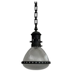 Used Vintage Industrial Original French Caged Holophane Ceiling Pendant Light
