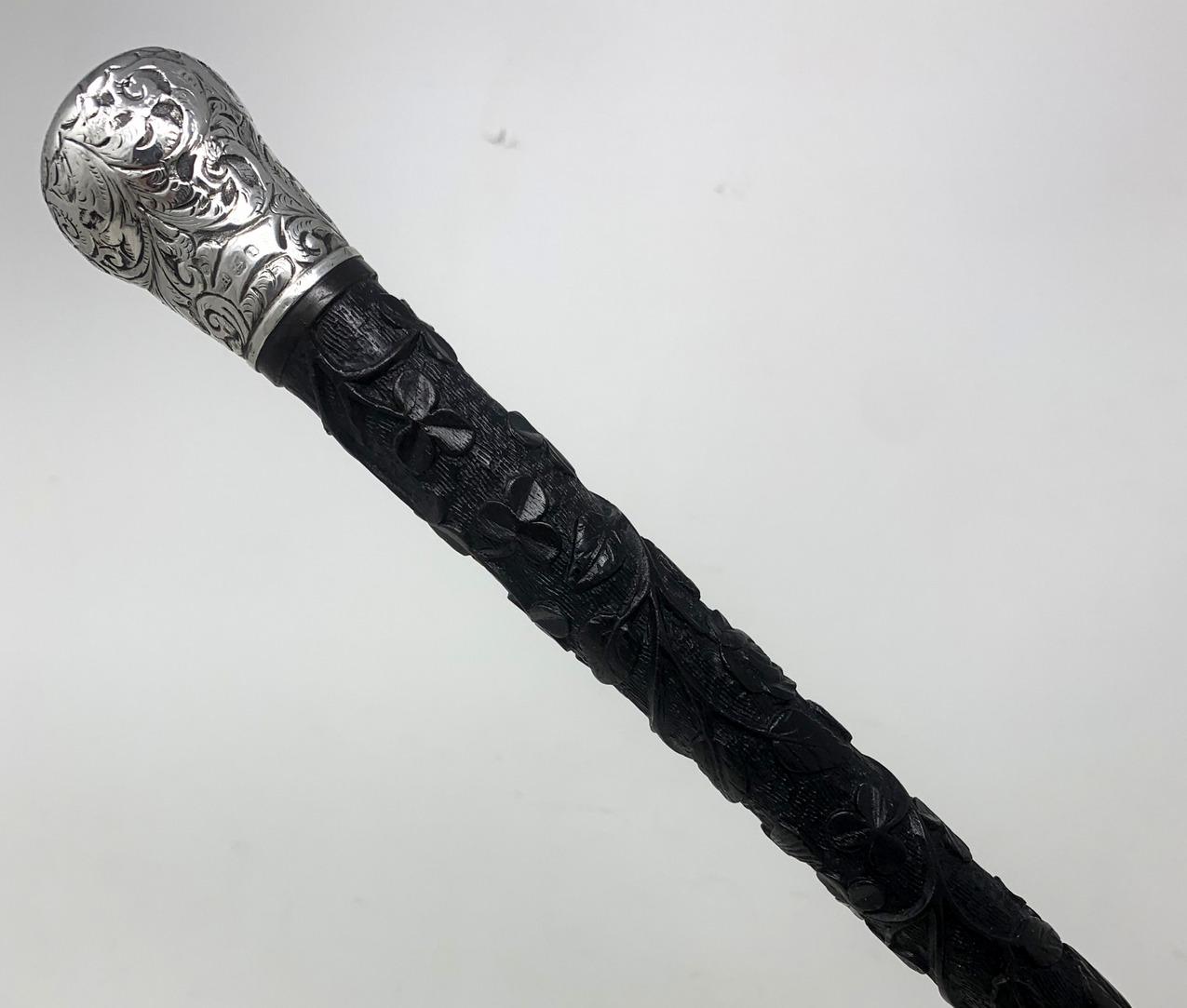 Antique Vintage Irish Bog Oak Wooden Walking Cane Swagger Stick Sterling Silver In Good Condition In Dublin, Ireland