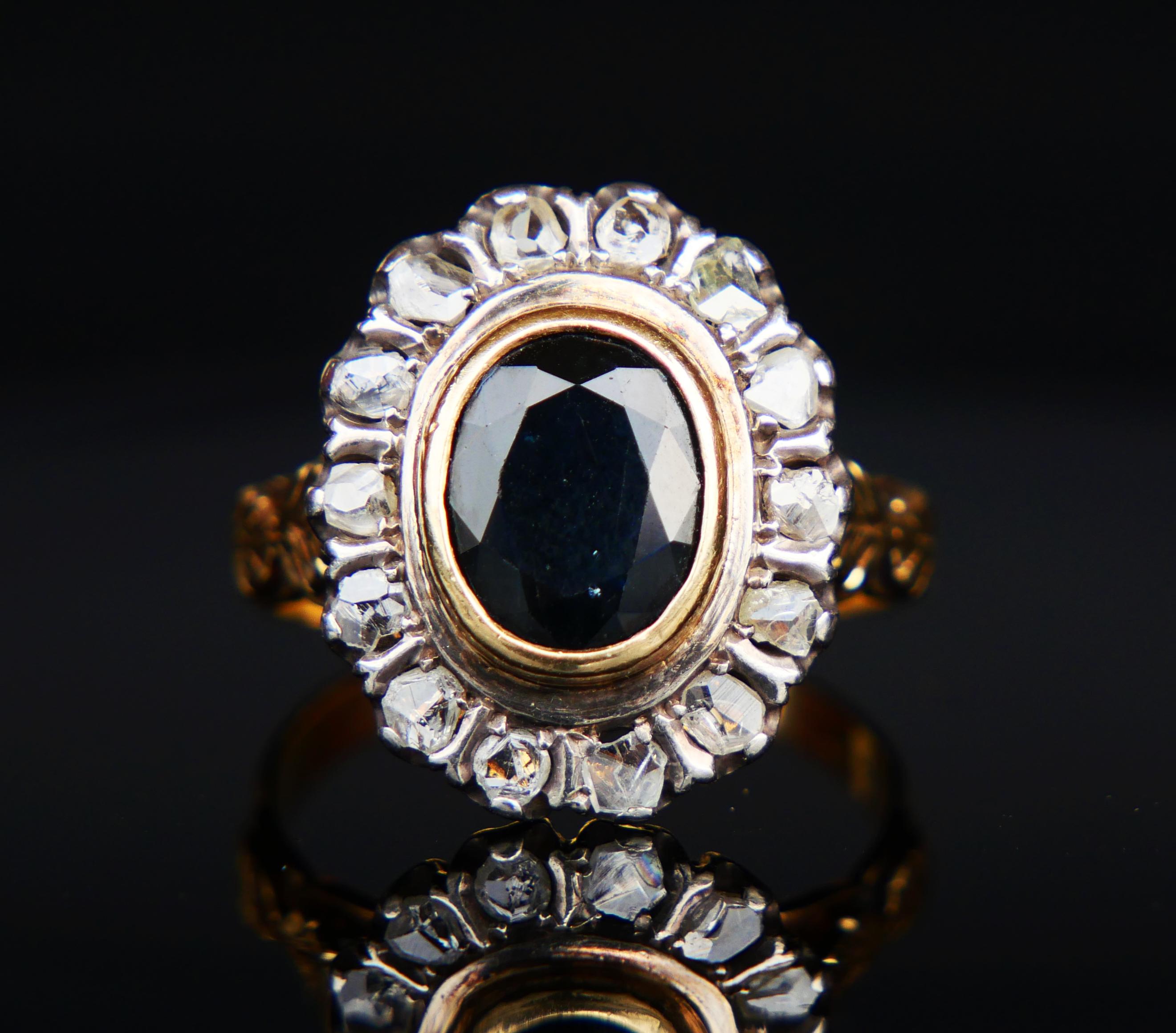 Oval Cut Antique Vintage Italian Ring 3ct Sapphire 2ctw Diamonds 18K Gold Ø 10.25 US/ 8gr For Sale