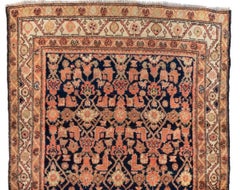 Antique Vintage Ivory Navy Blue Brown Tribal Persian Hamedan Rug, circa 1940s