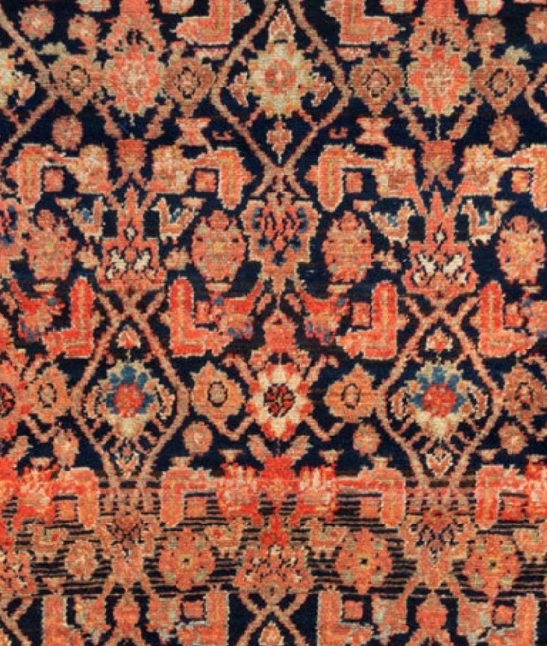 Hand-Knotted Antique Vintage Ivory Navy Blue Brown Tribal Persian Hamedan Rug, circa 1940s For Sale