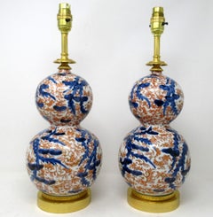 Antique Vintage Japanese Chinese Imari Porcelain Ormolu Table Lamp Blue Red Pair