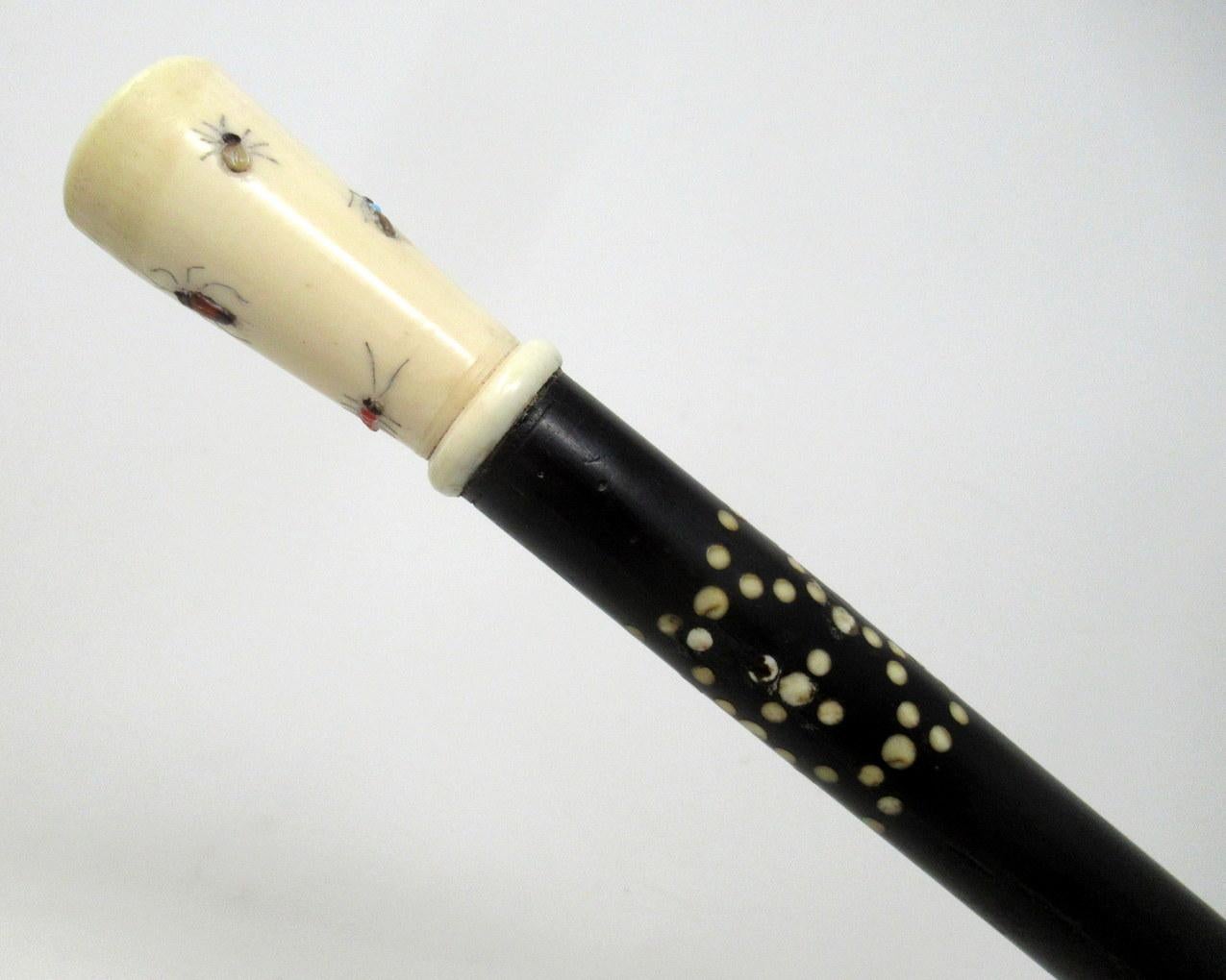 Fine quality highly decorative bone mounted Japanese Shibayama polished bone ladies or gentleman's walking cane, late 19th, early 20th century. 

The Shibayama inlaid stylish grained bone grip decorated with inlaid beetles and other insects above