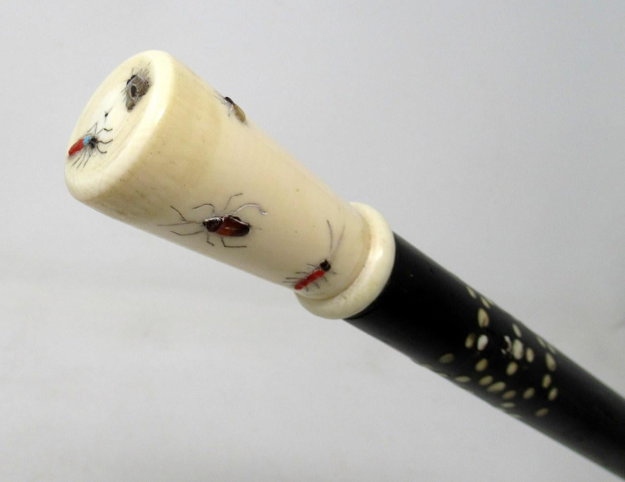 19th Century Antique Vintage Japanese Chinese Shibayama Ebony Wooden Walking Cane Stick