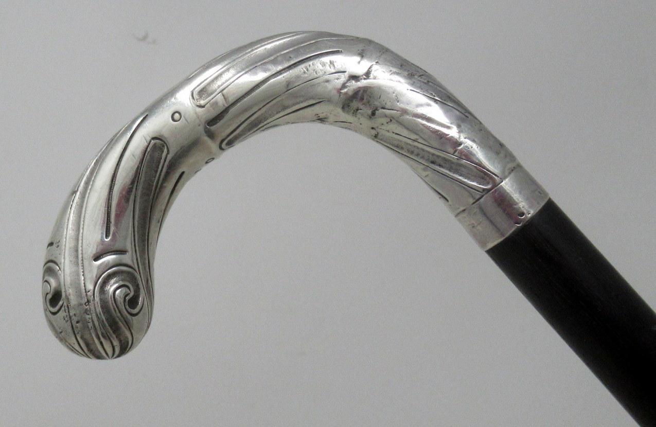 Antique Vintage Ladies Gentlemans Ebony Walking Stick Sterling Silver 19th Cent In Good Condition In Dublin, Ireland
