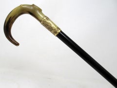 Antique Vintage Ladies Gentleman's Walking Stick Gold Plated Cow Horn Handle