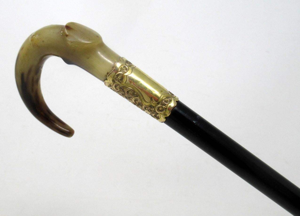 British Antique Vintage Ladies Gentleman's Walking Stick Gold Plated Cow Horn Handle